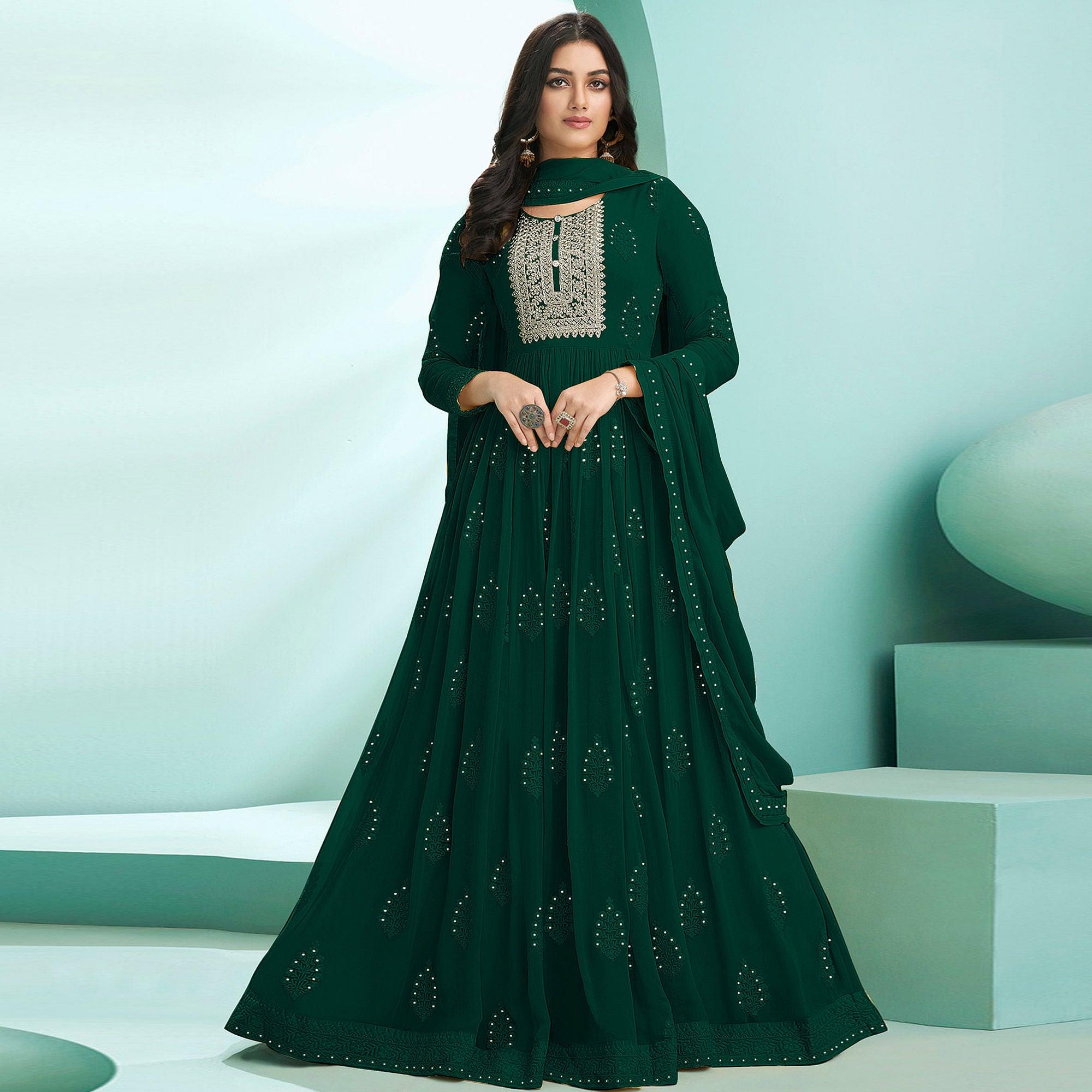 Green Partywear Embroidery With Embellished Georgette Gown - Peachmode