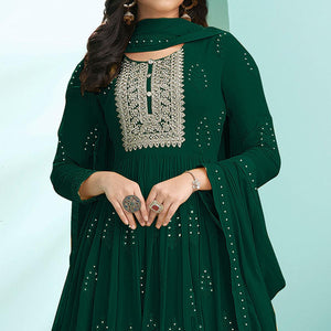 Green Partywear Embroidery With Embellished Georgette Gown - Peachmode