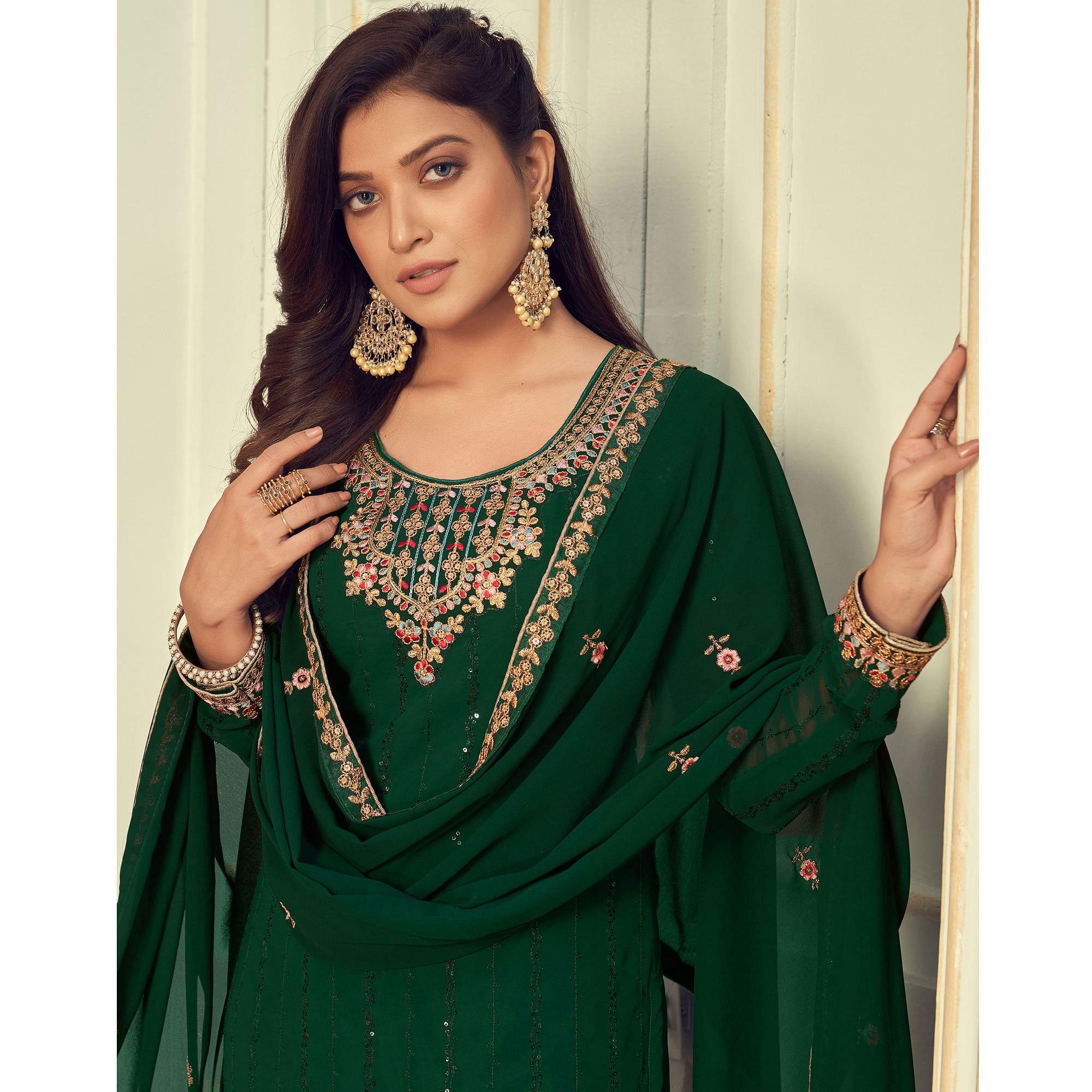 Green Partywear Embroidery With Embellished Georgette Suit - Peachmode
