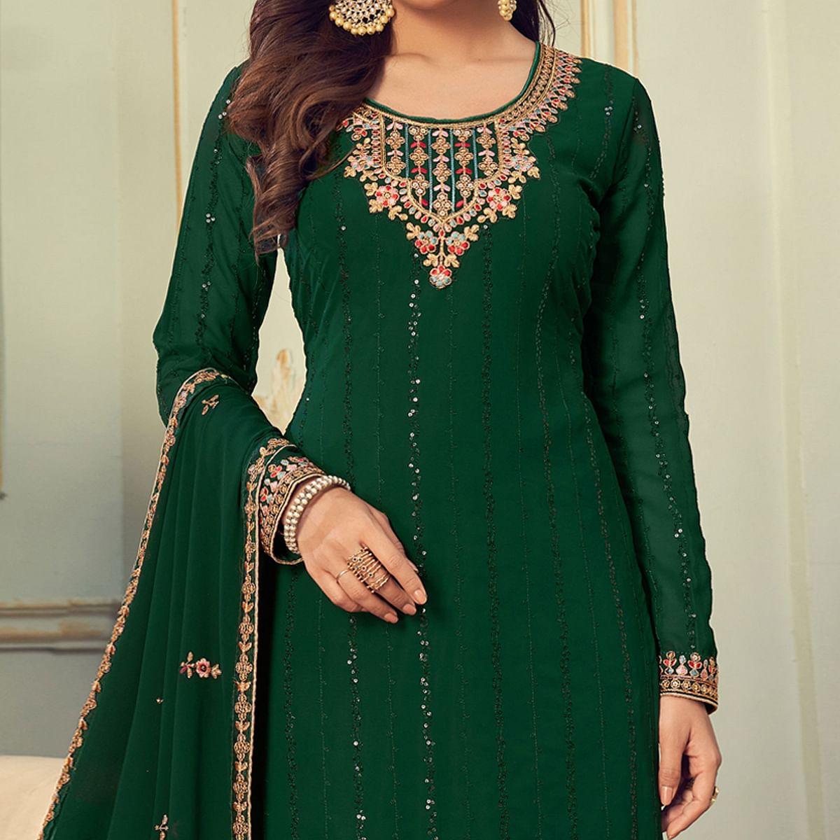 Green Partywear Embroidery With Embellished Georgette Suit - Peachmode