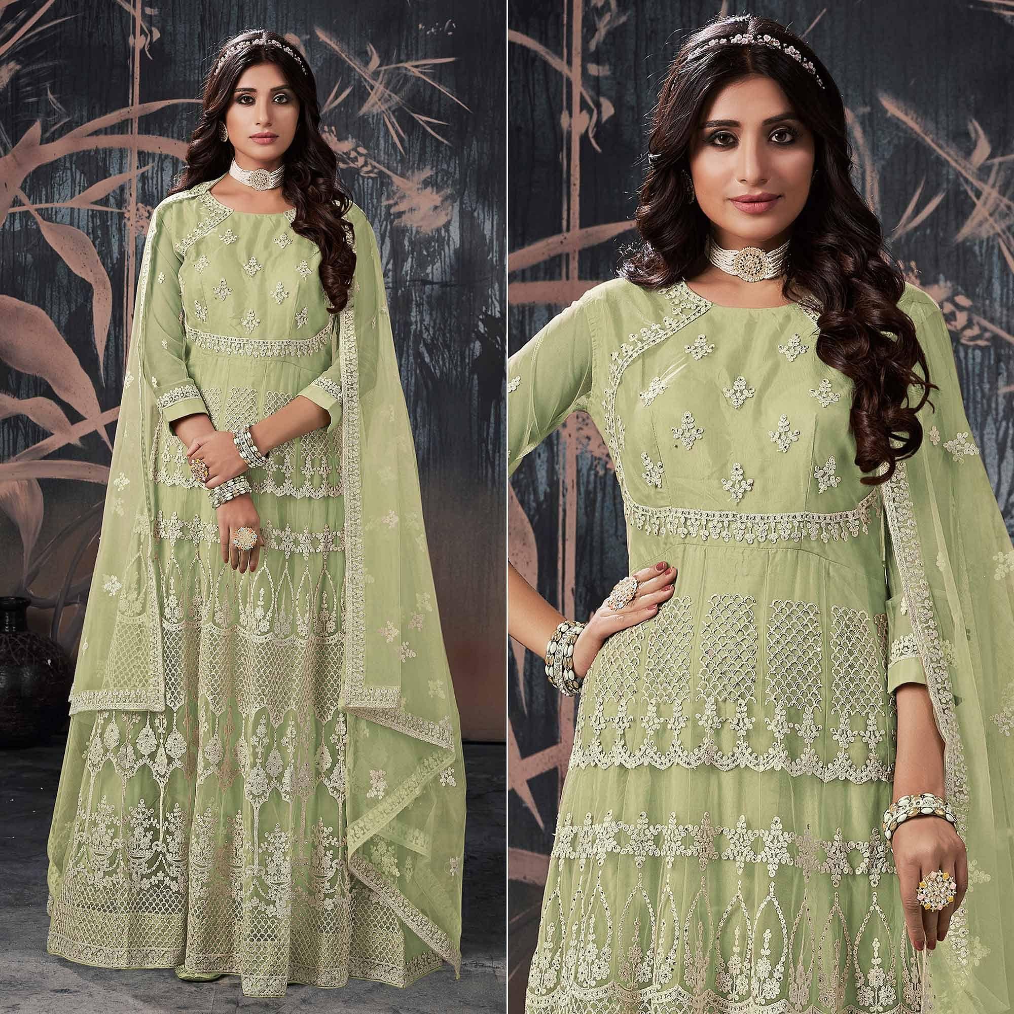 Green Partywear Embroidery With Embellished Net Gown - Peachmode