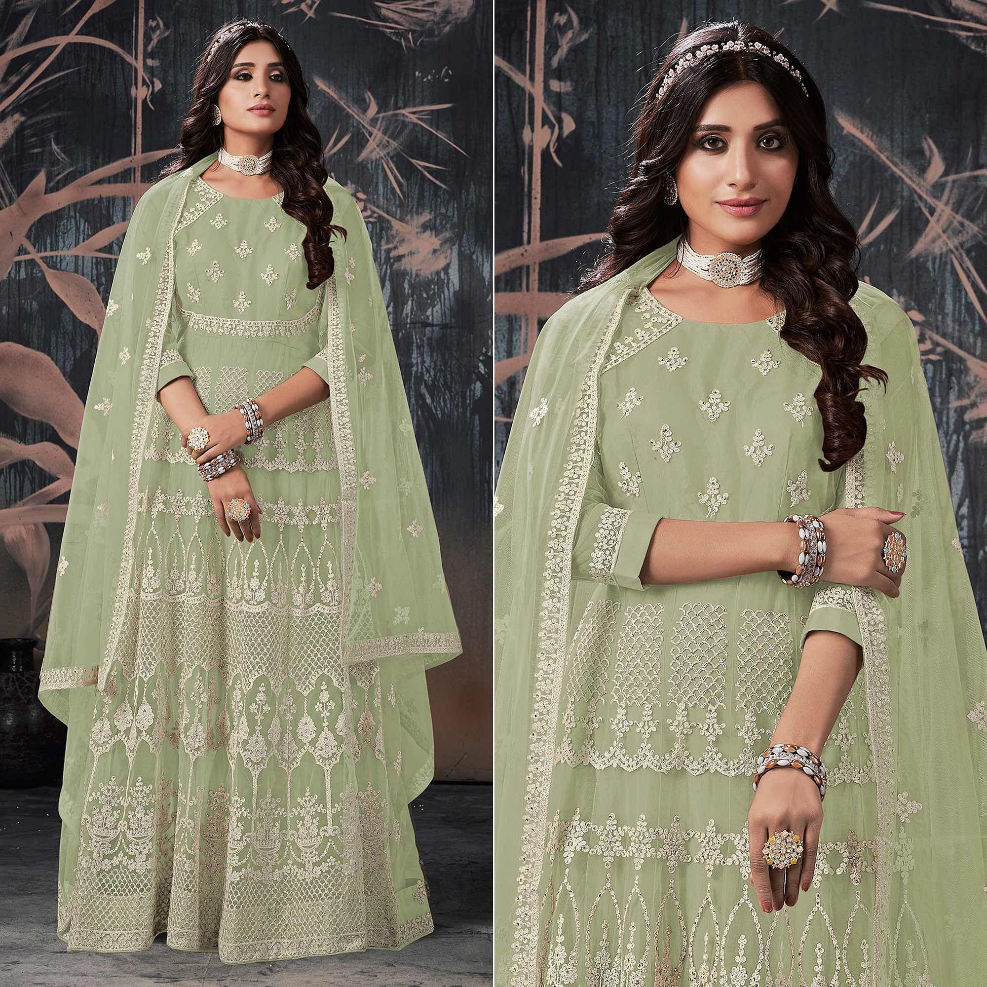 Green Partywear Embroidery With Embellished Net Gown - Peachmode