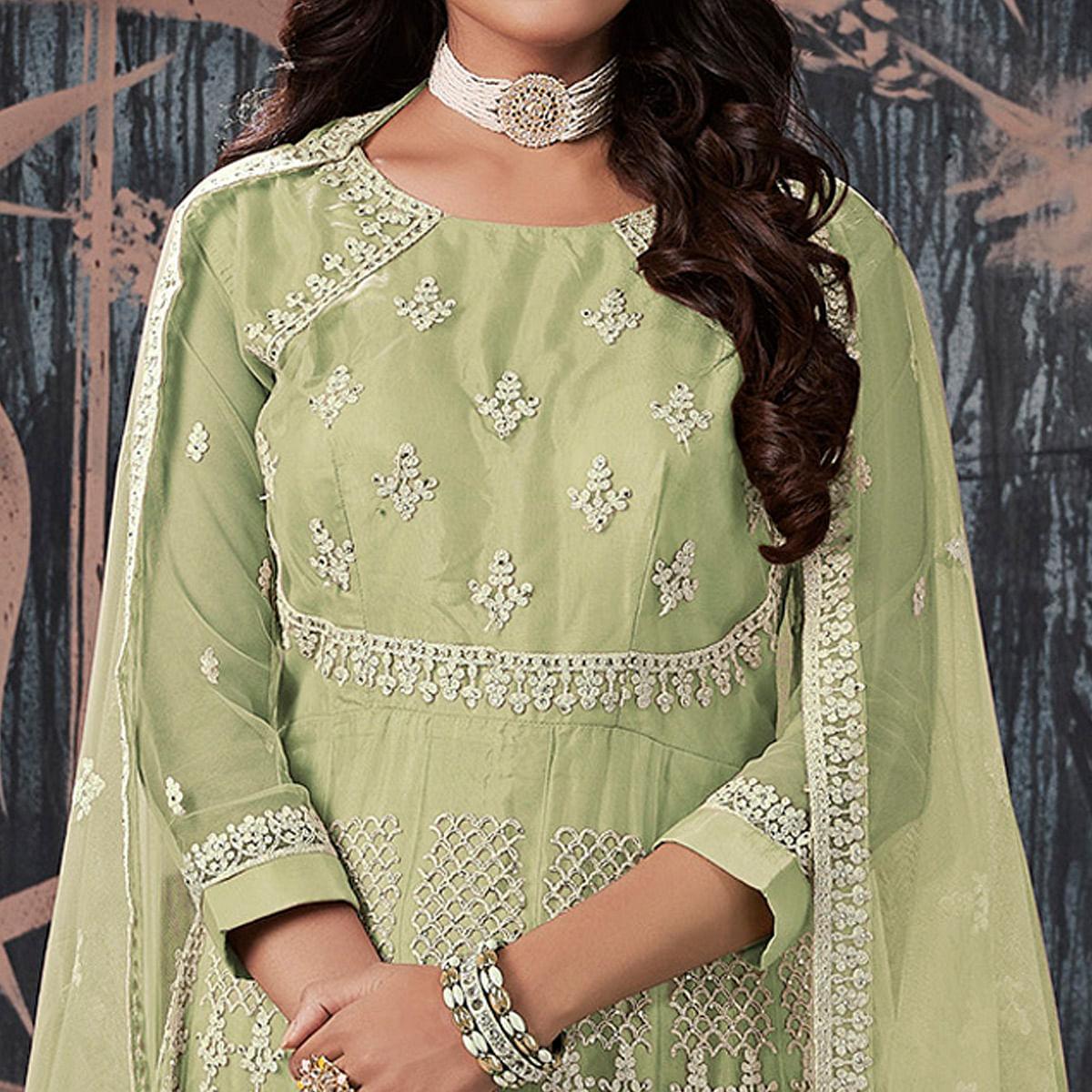 Green Partywear Embroidery With Embellished Net Gown - Peachmode