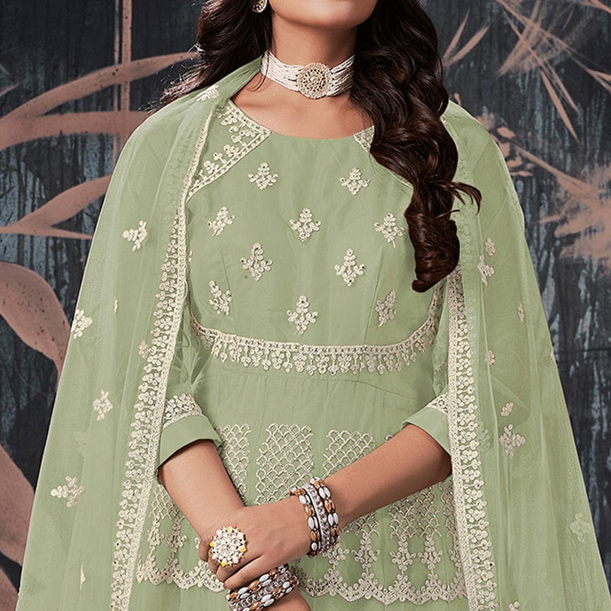 Green Partywear Embroidery With Embellished Net Gown - Peachmode