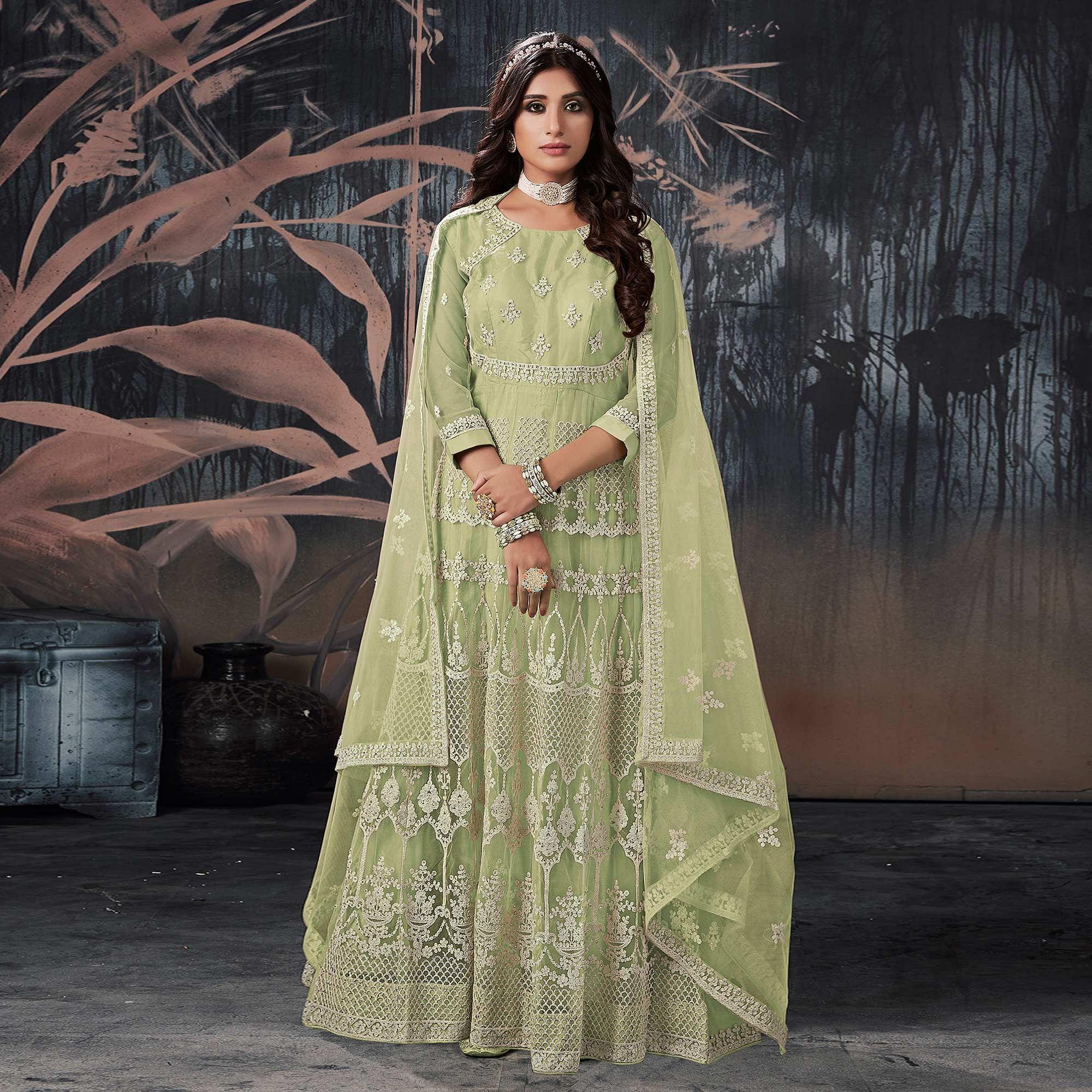 Green Partywear Embroidery With Embellished Net Gown - Peachmode