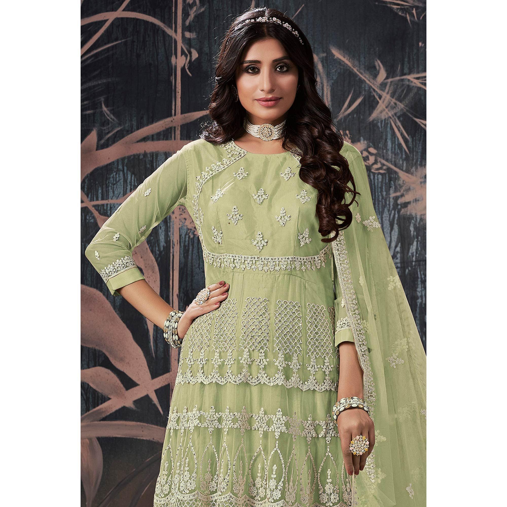 Green Partywear Embroidery With Embellished Net Gown - Peachmode