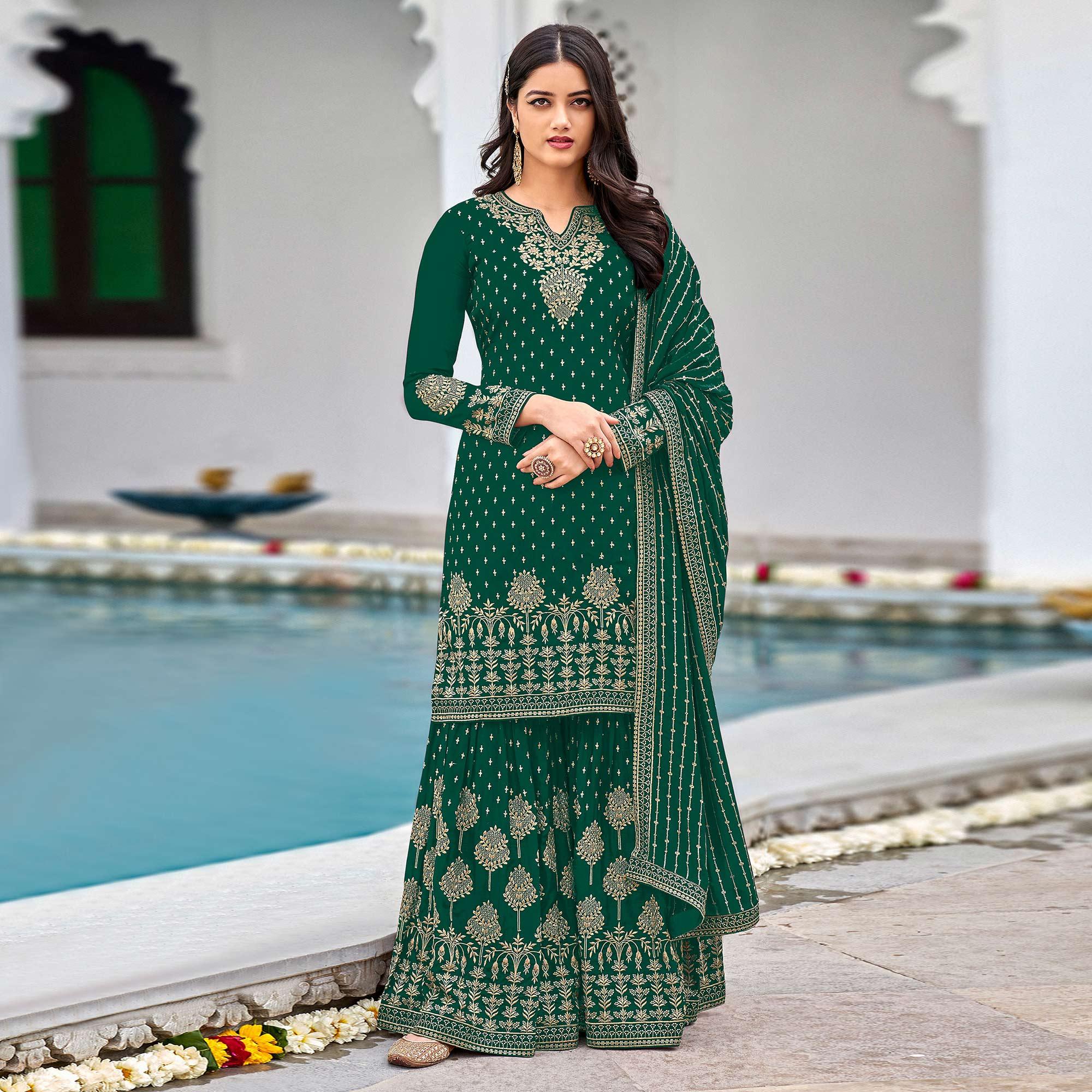 Green Partywear Embroidery With Sequence Heavy Faux Georgette Salwar Suit - Peachmode