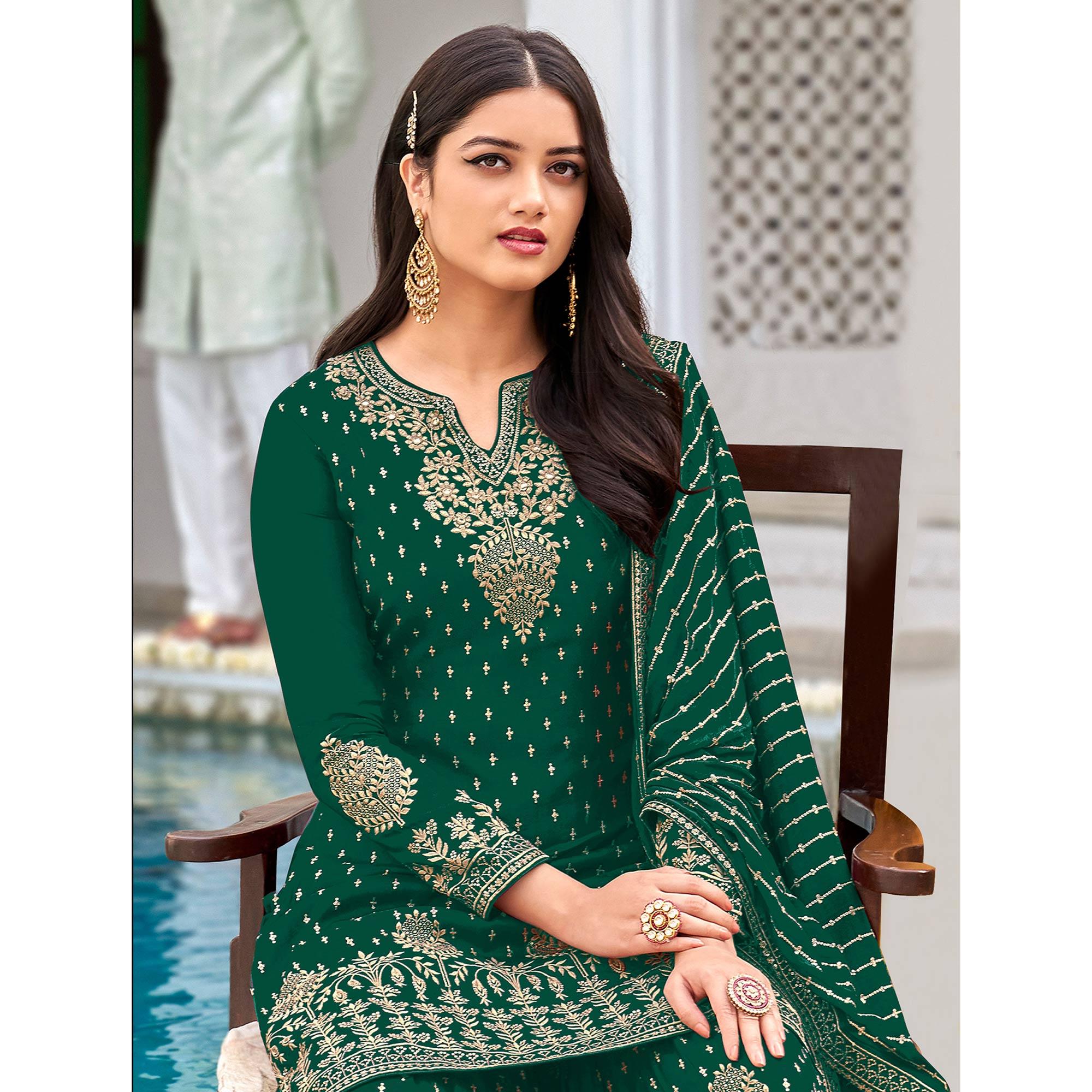 Green Partywear Embroidery With Sequence Heavy Faux Georgette Salwar Suit - Peachmode