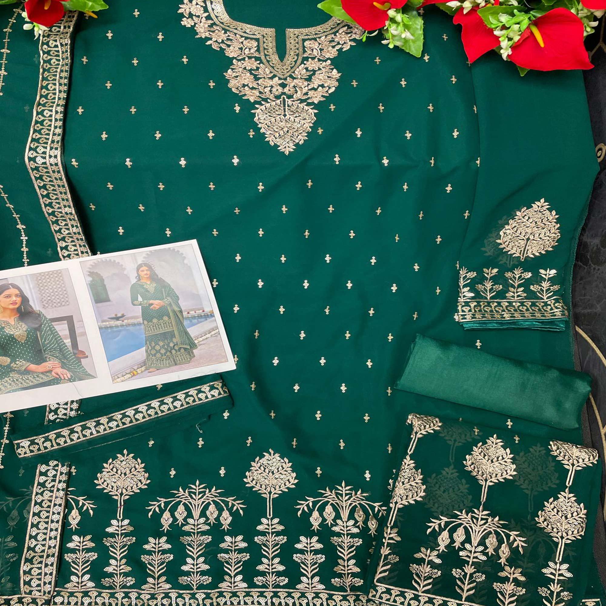 Green Partywear Embroidery With Sequence Heavy Faux Georgette Salwar Suit - Peachmode