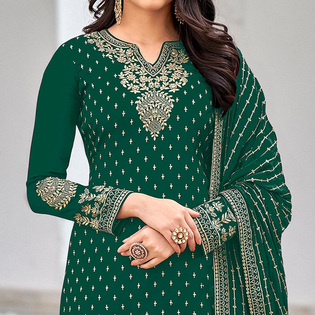 Green Partywear Embroidery With Sequence Heavy Faux Georgette Salwar Suit - Peachmode