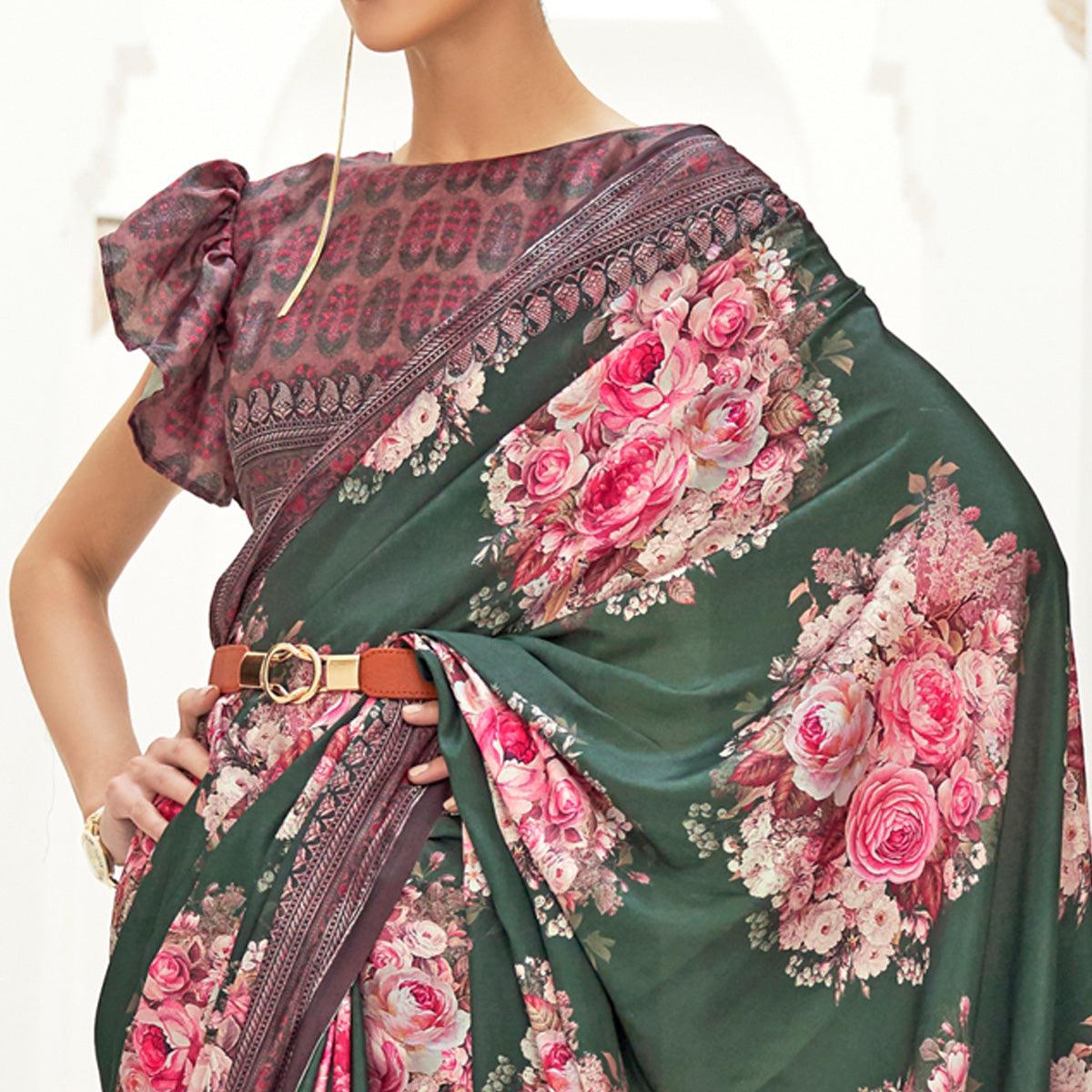 Green Partywear Floral Digital Printed Silk Saree - Peachmode