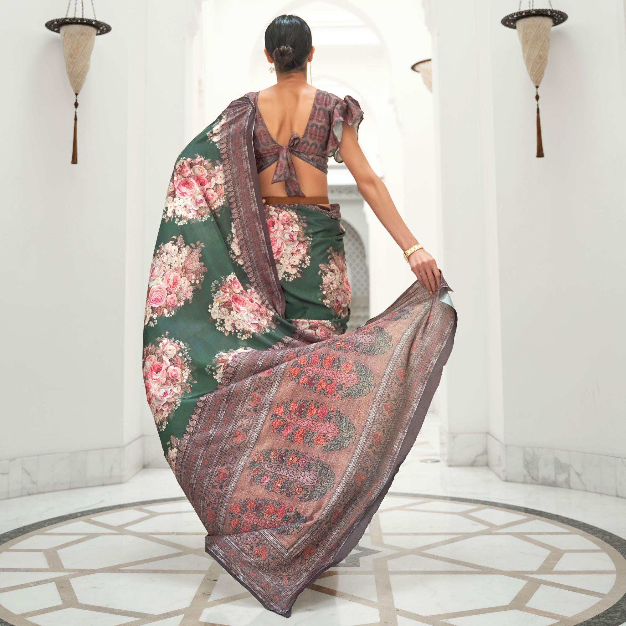 Green Partywear Floral Digital Printed Silk Saree - Peachmode