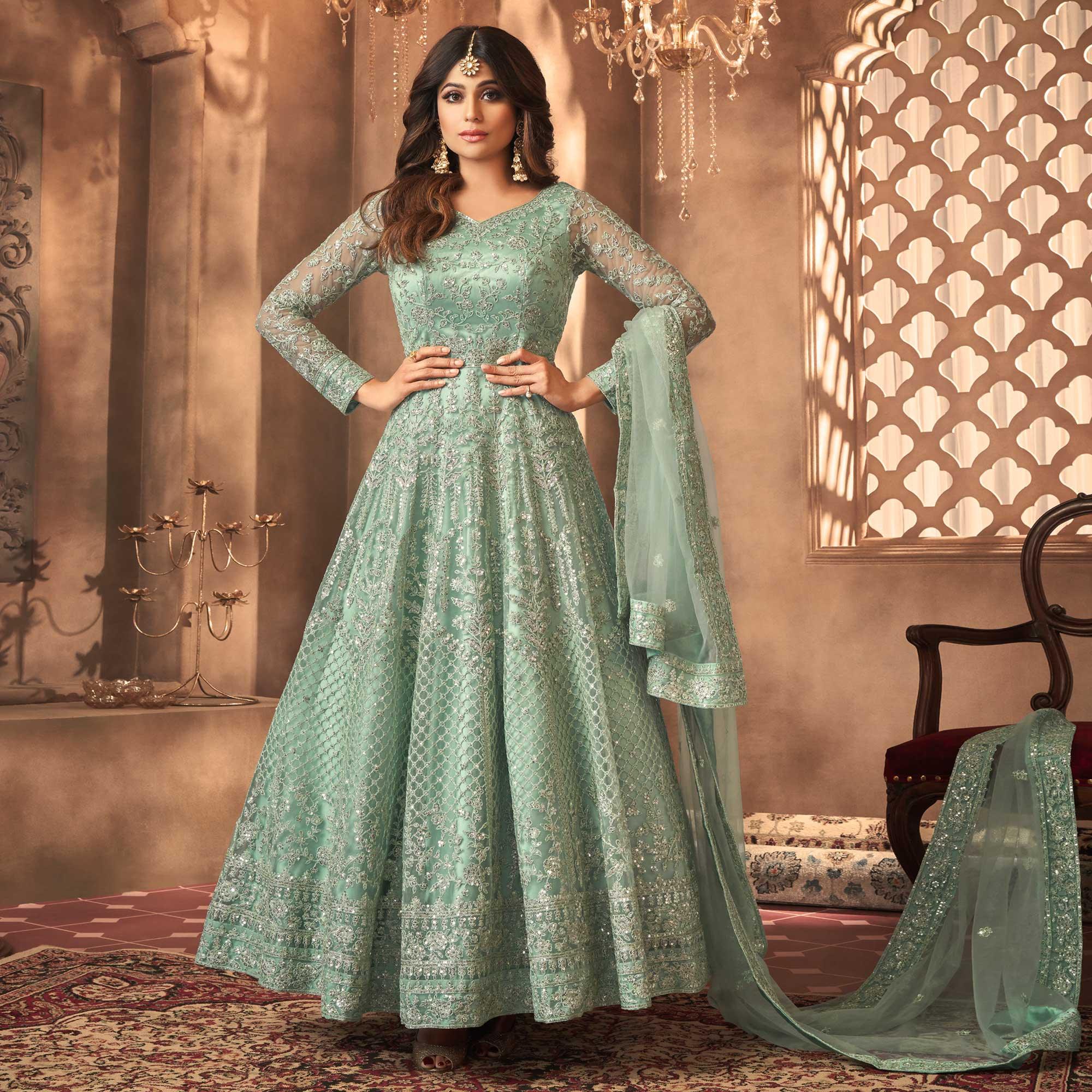 Green Partywear Floral Embroidered Butterfly Net Anarkali Suit - Peachmode