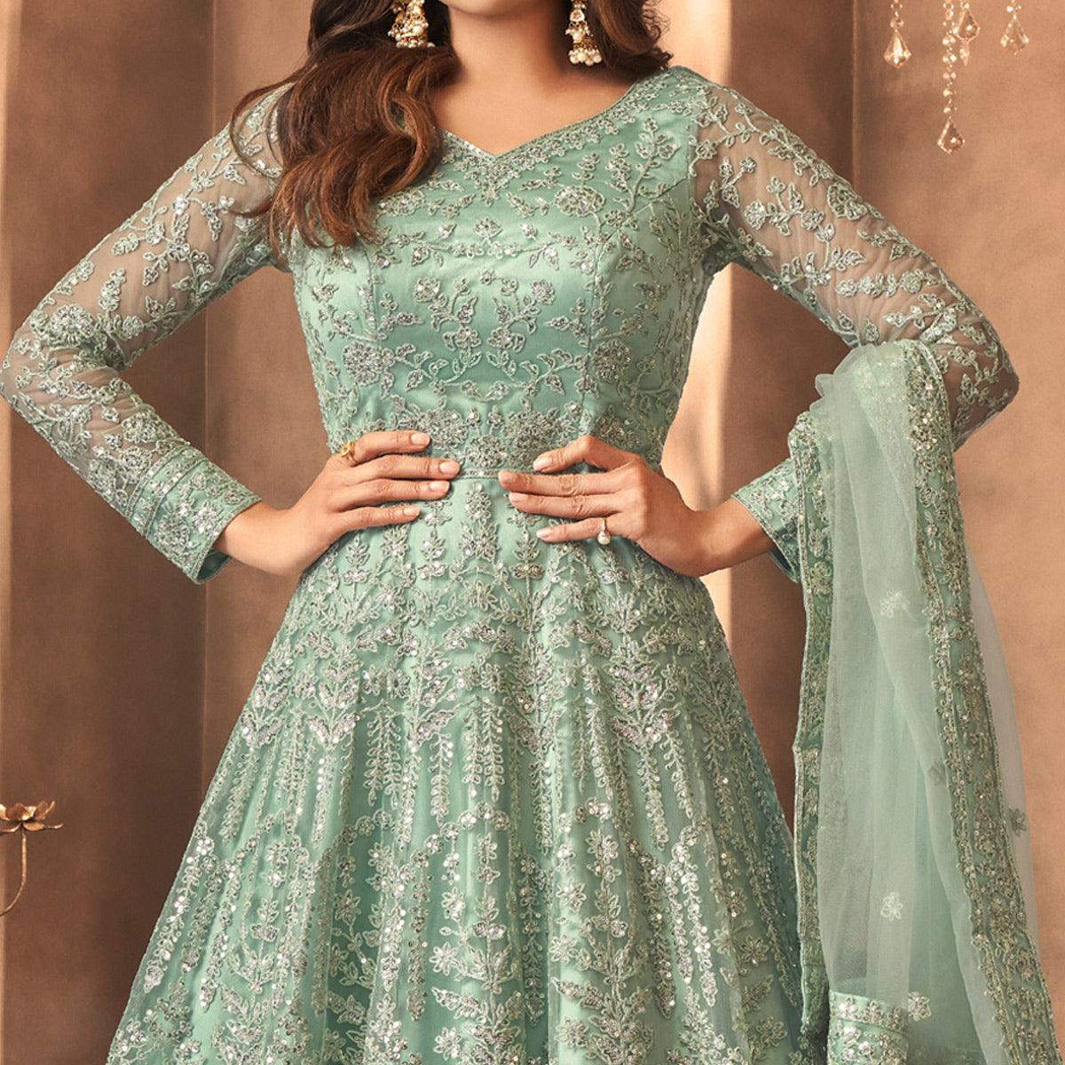 Green Partywear Floral Embroidered Butterfly Net Anarkali Suit - Peachmode