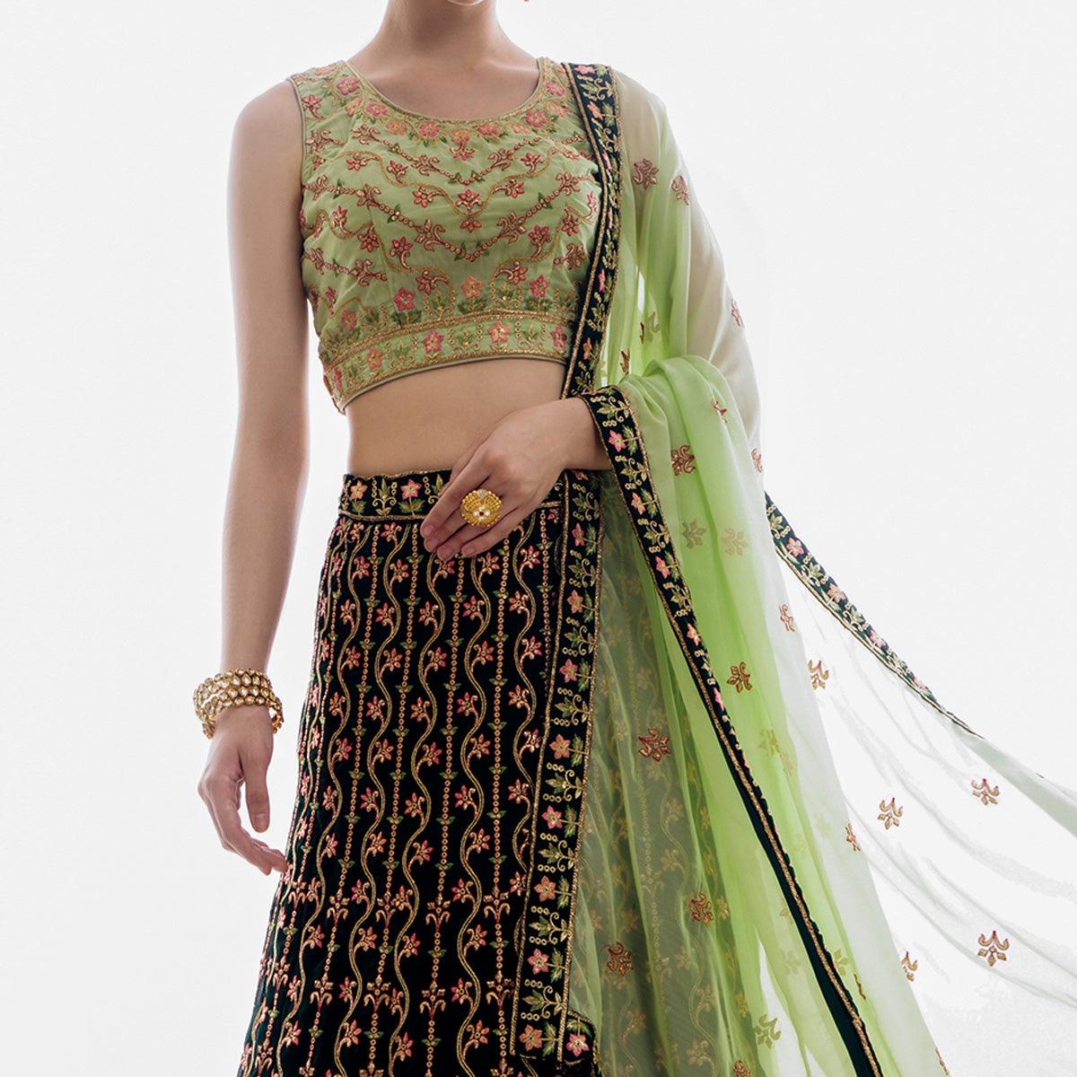 Green Partywear Floral Embroidered Georgette Lehenga Choli - Peachmode