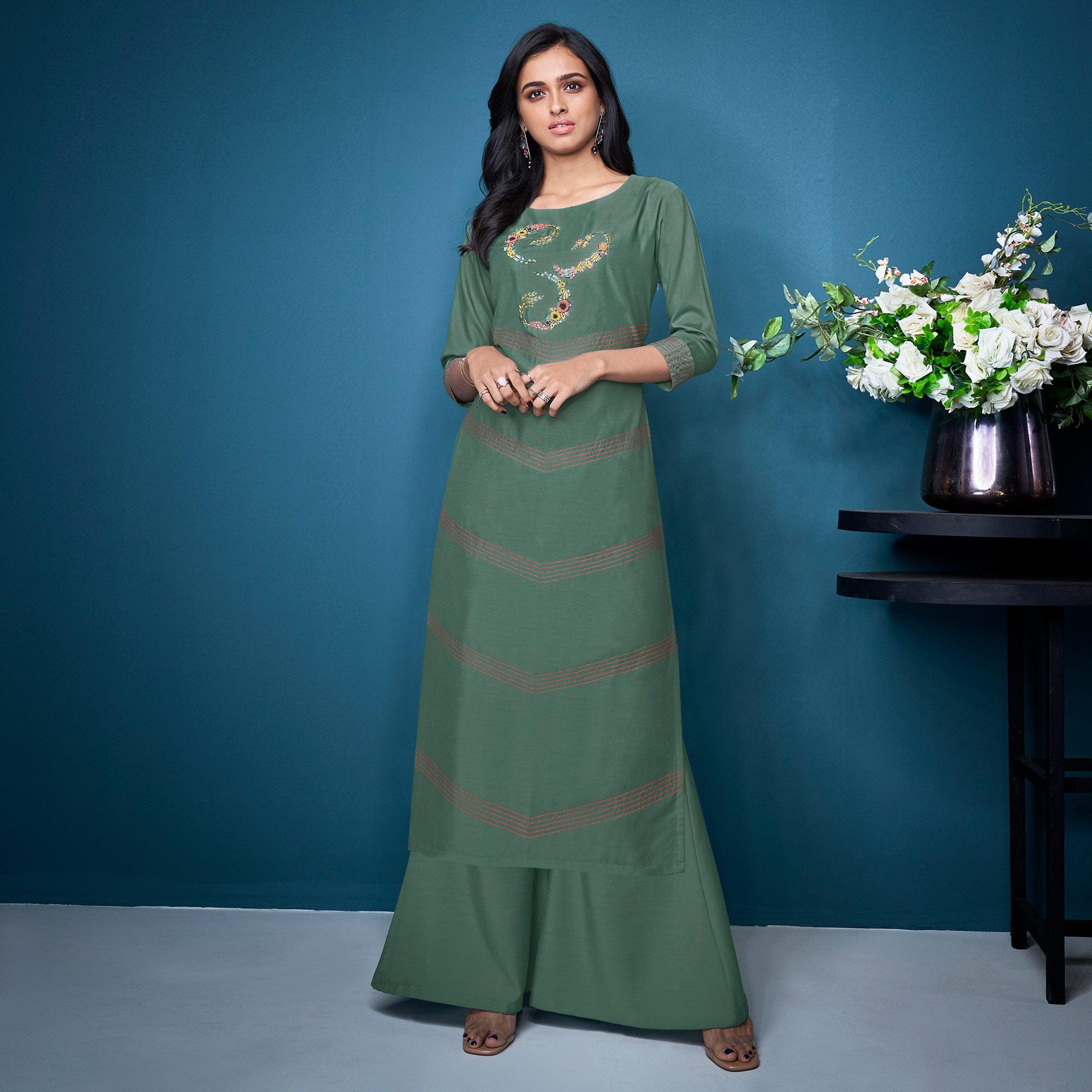 Green Partywear Floral Embroidered Handwork Silk Kurti Palazzo Set - Peachmode