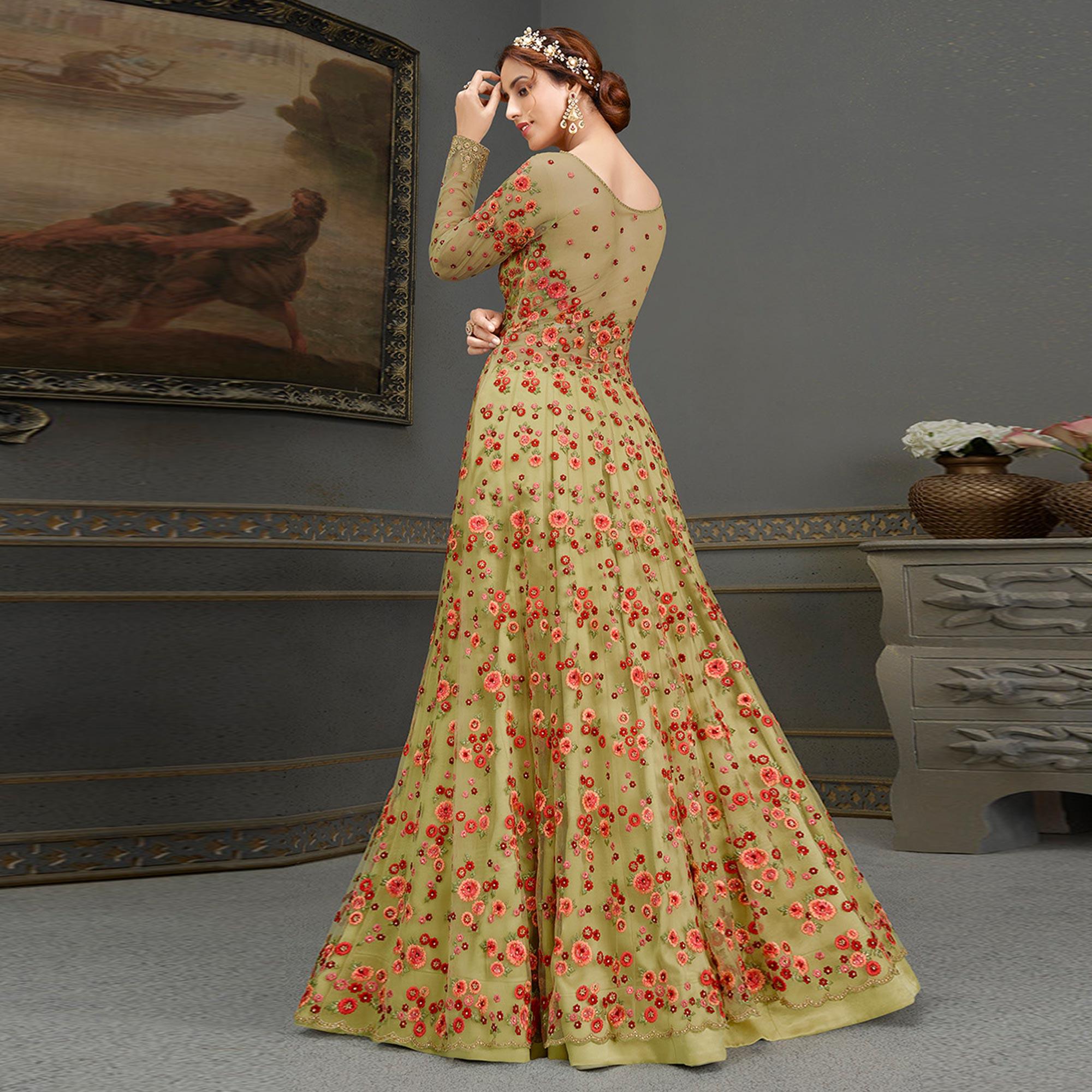 Green Partywear Floral Embroidered Handwork Soft Net Gown - Peachmode