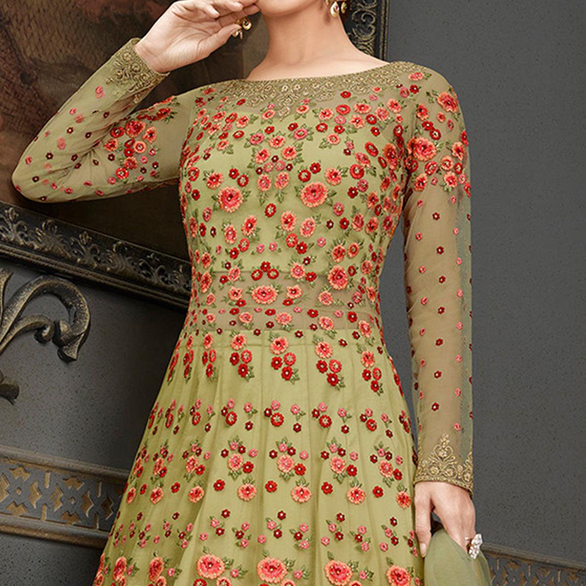 Green Partywear Floral Embroidered Handwork Soft Net Gown - Peachmode