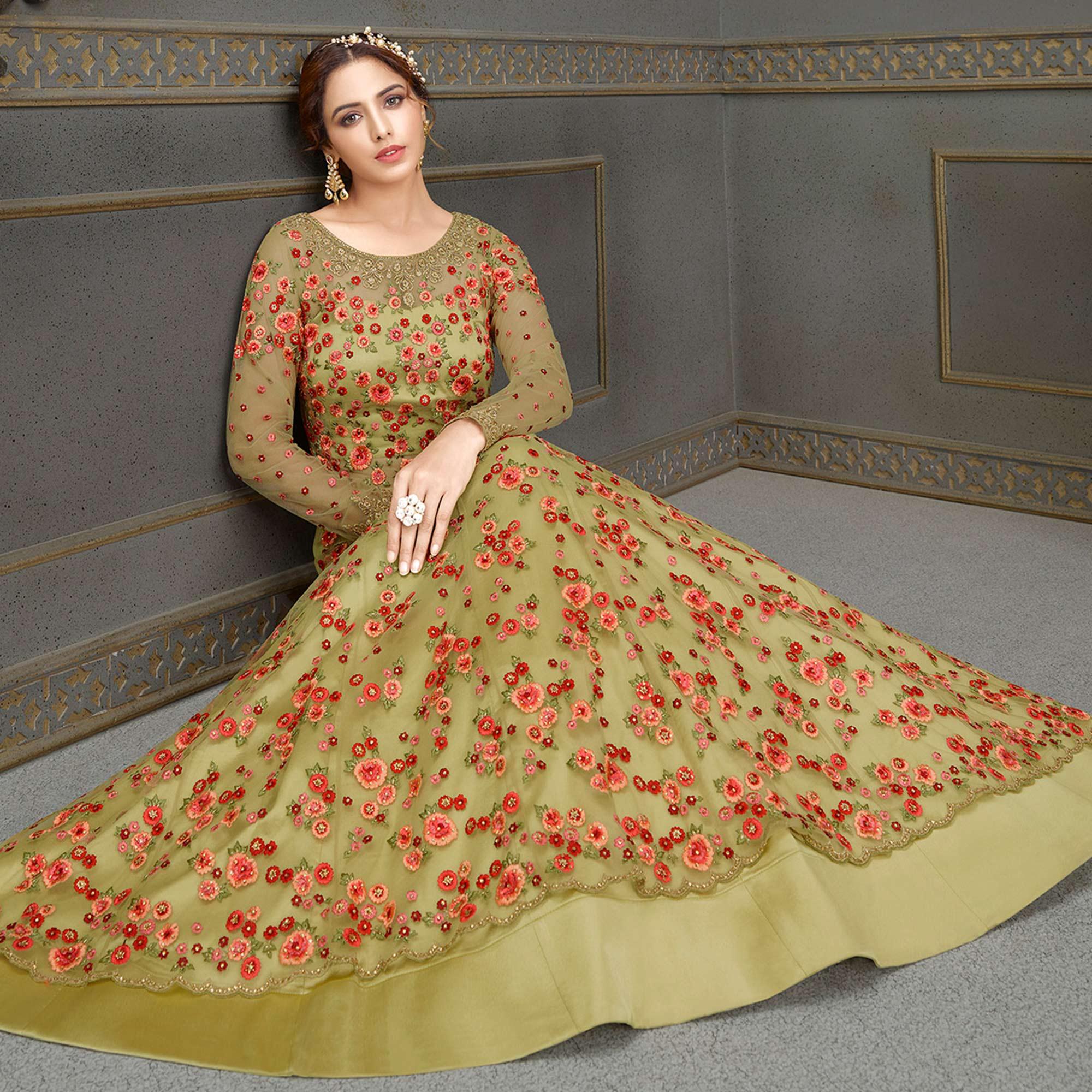 Green Partywear Floral Embroidered Handwork Soft Net Gown - Peachmode