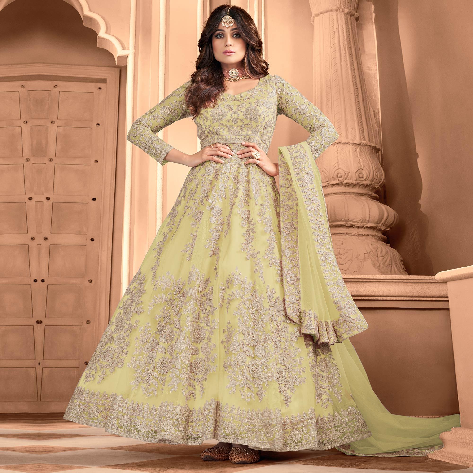 Green Partywear Floral Embroidered Net Anarkali Suit - Peachmode