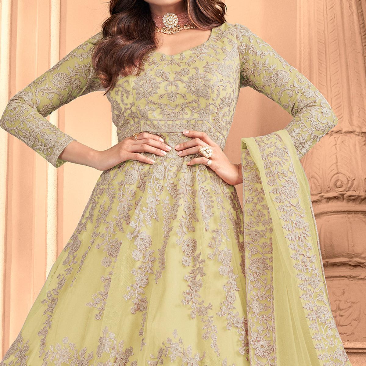 Green Partywear Floral Embroidered Net Anarkali Suit - Peachmode