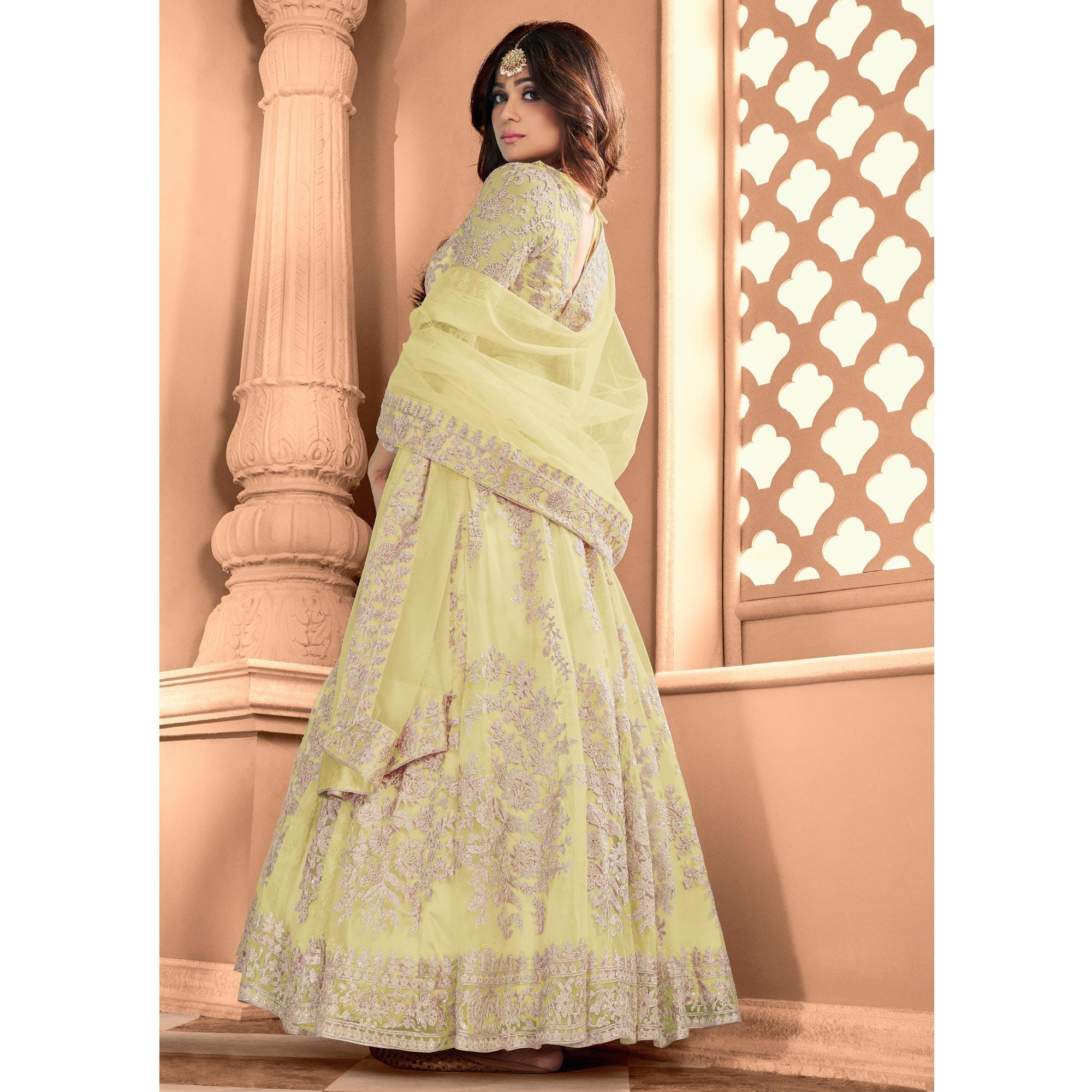 Green Partywear Floral Embroidered Net Anarkali Suit - Peachmode