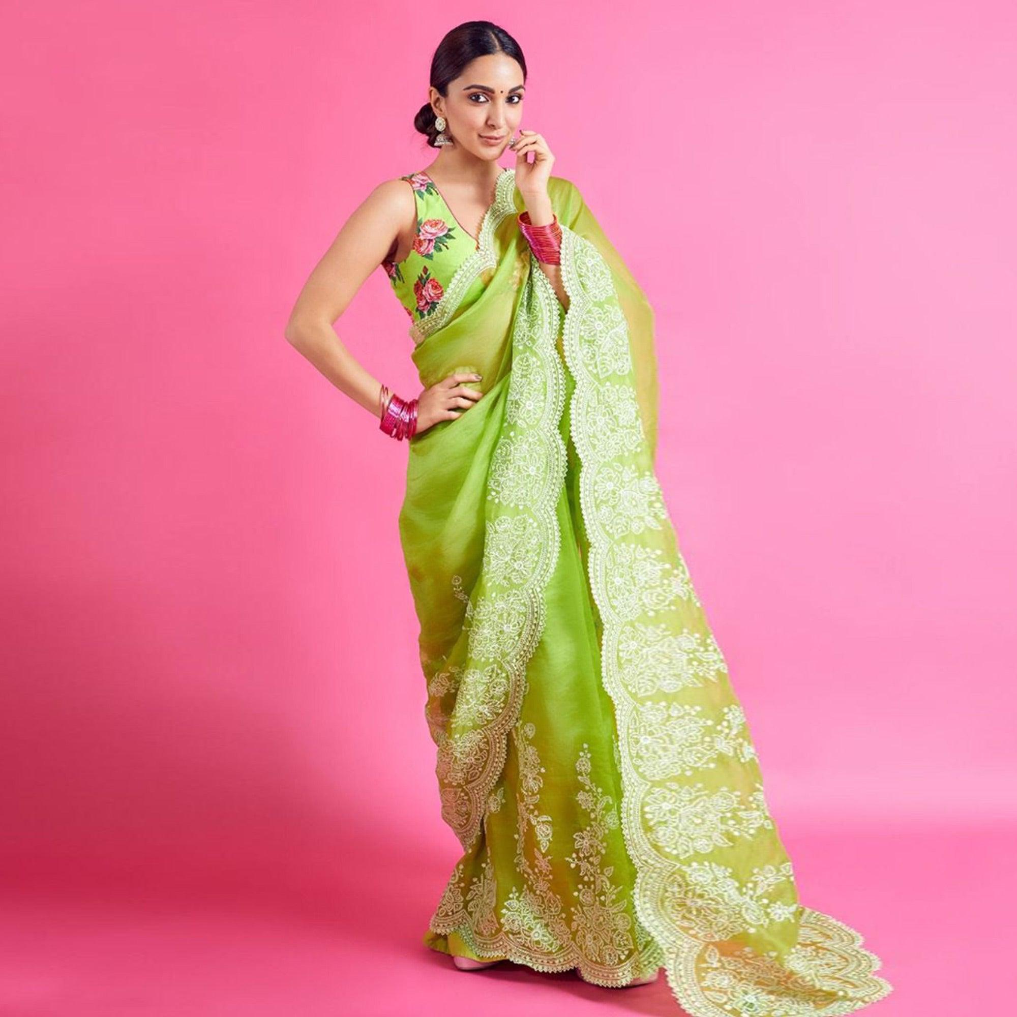 Green Partywear Floral Embroidered Organza Saree - Peachmode