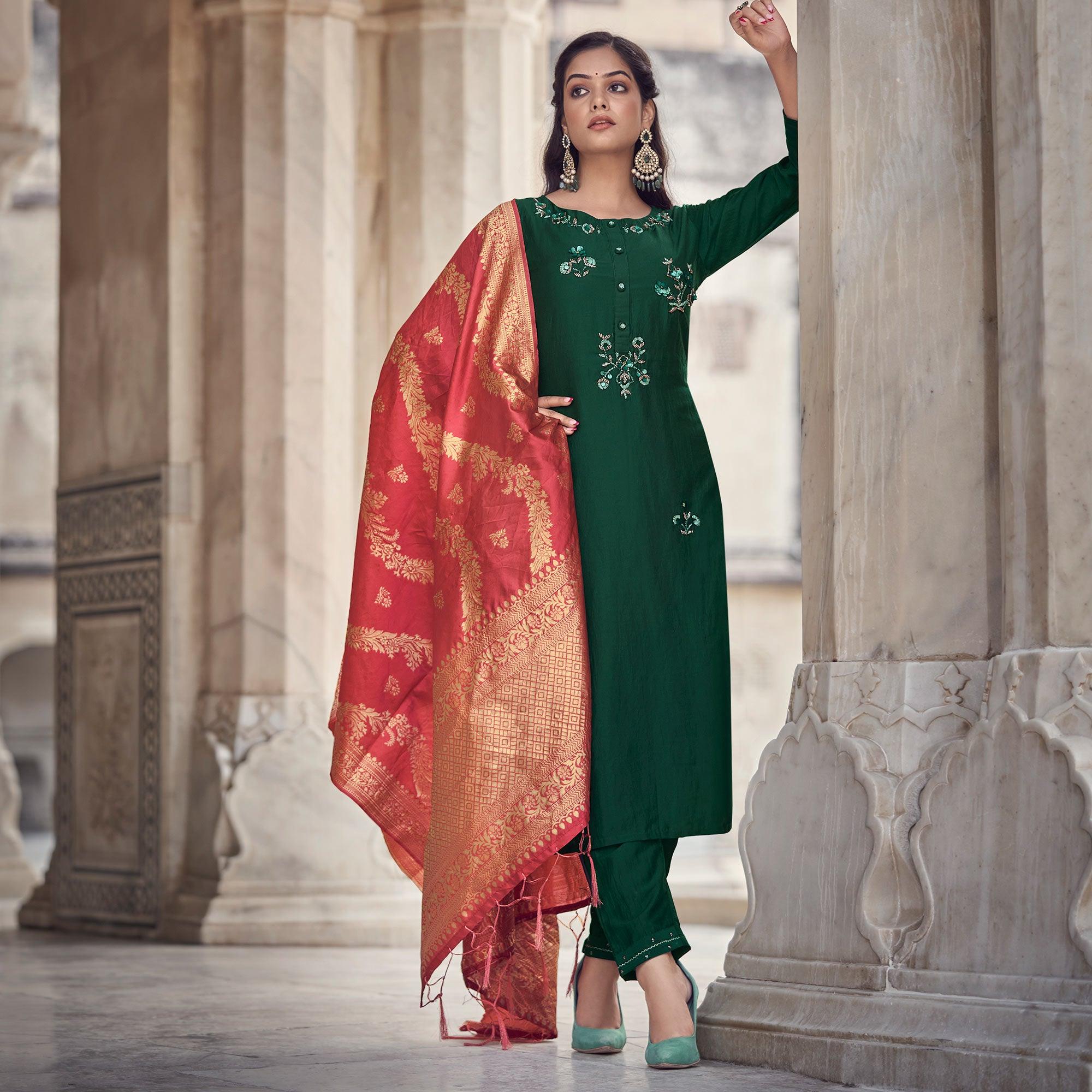 Green Partywear Floral Embroidered Silk Suit - Peachmode
