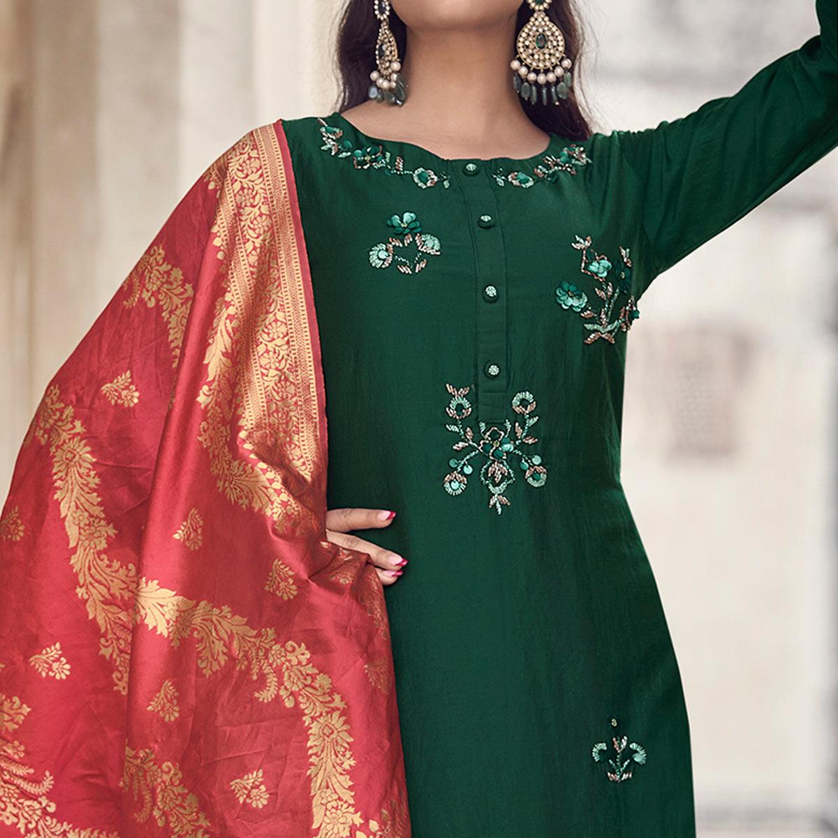 Green Partywear Floral Embroidered Silk Suit - Peachmode