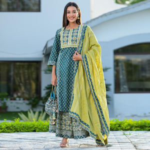 Green Partywear Floral Embroidered With Miroor Cotton Palazzo Suit - Peachmode