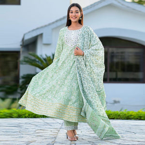 Green Partywear Floral Embroidered With Print Cotton Anarkali Suit - Peachmode