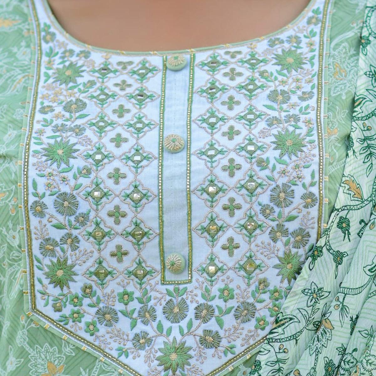 Green Partywear Floral Embroidered With Print Cotton Anarkali Suit - Peachmode