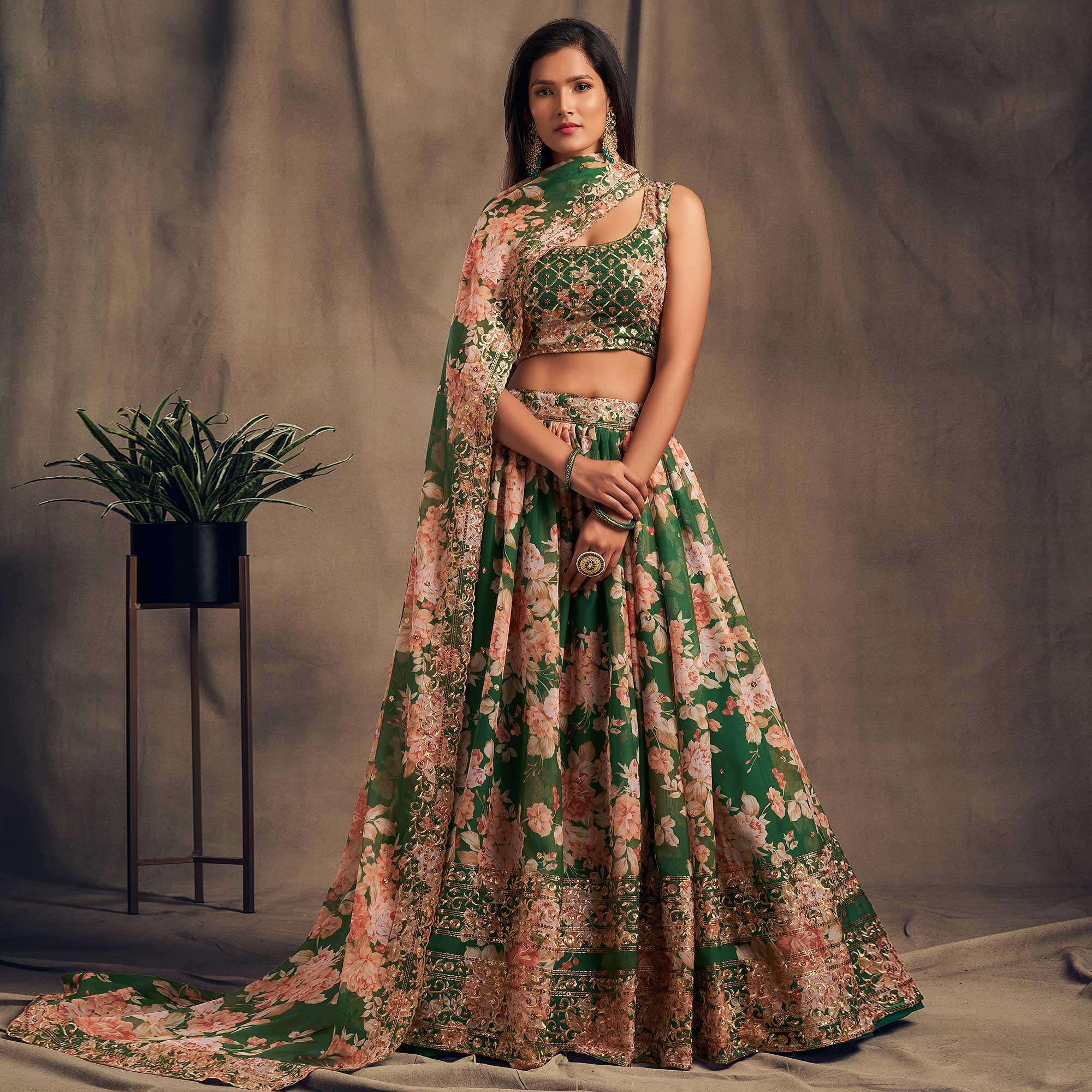 Green Partywear Floral Print With Sequin Zari Embroidered Organza Lehenga Choli - Peachmode