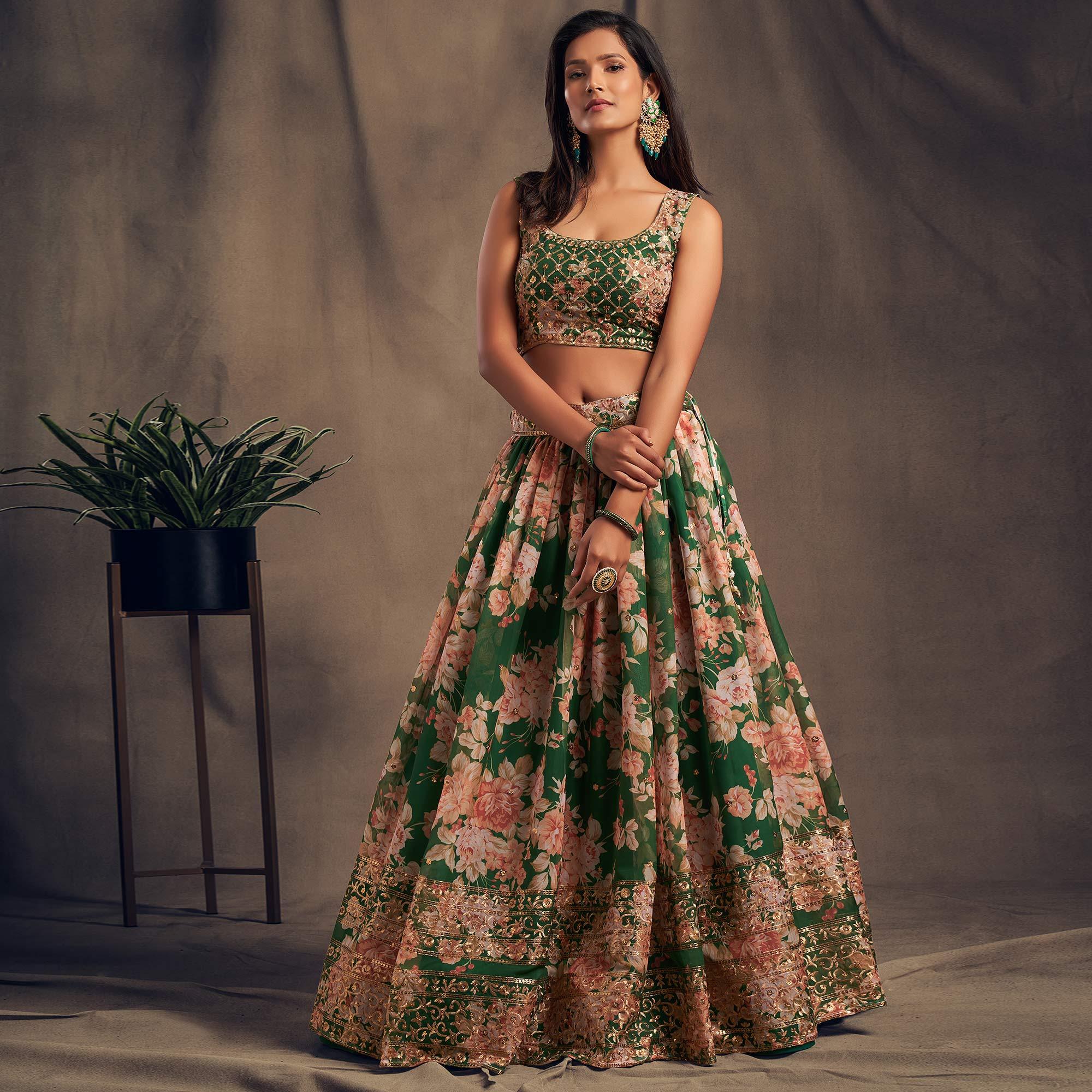 Green Partywear Floral Print With Sequin Zari Embroidered Organza Lehenga Choli - Peachmode