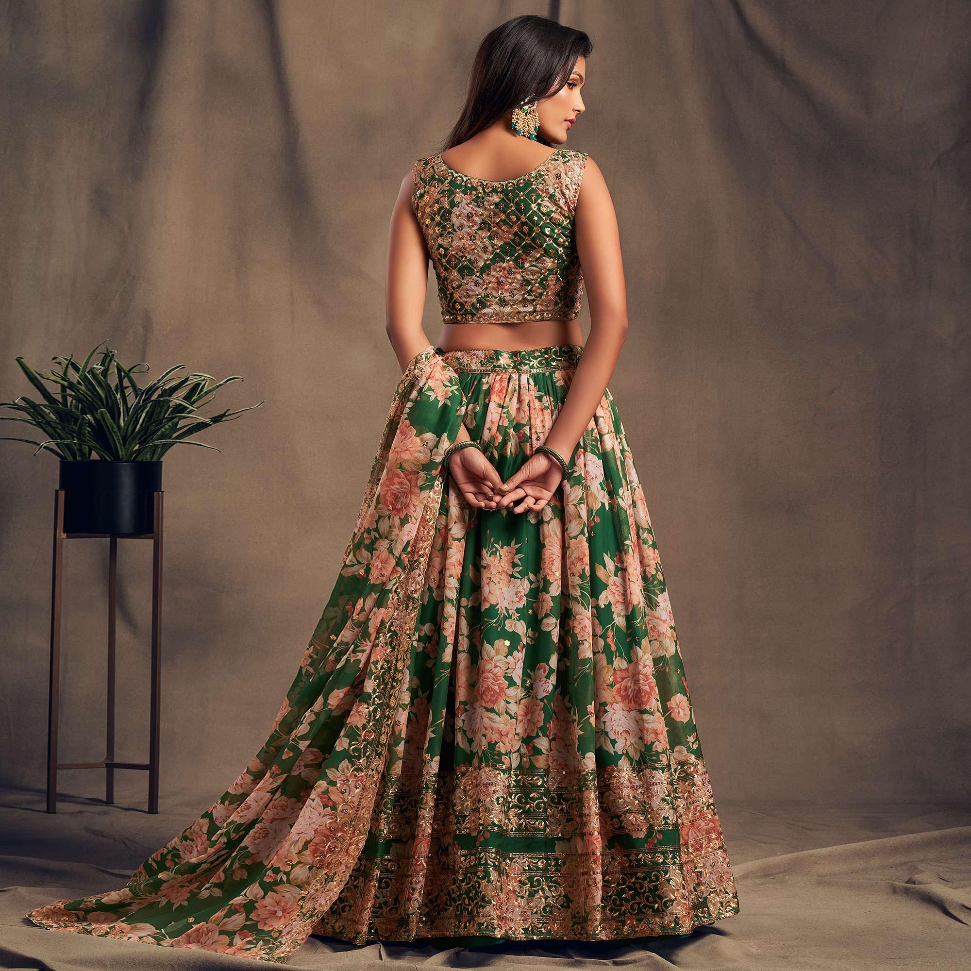 Green Partywear Floral Print With Sequin Zari Embroidered Organza Lehenga Choli - Peachmode