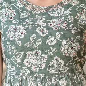Green Partywear Floral Printed Cotton Sharara Suit - Peachmode