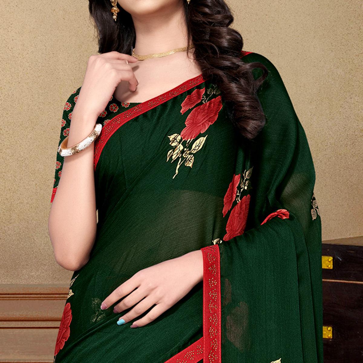 Green Partywear Foil Printed & Embellished Moss Chiffon Saree - Peachmode