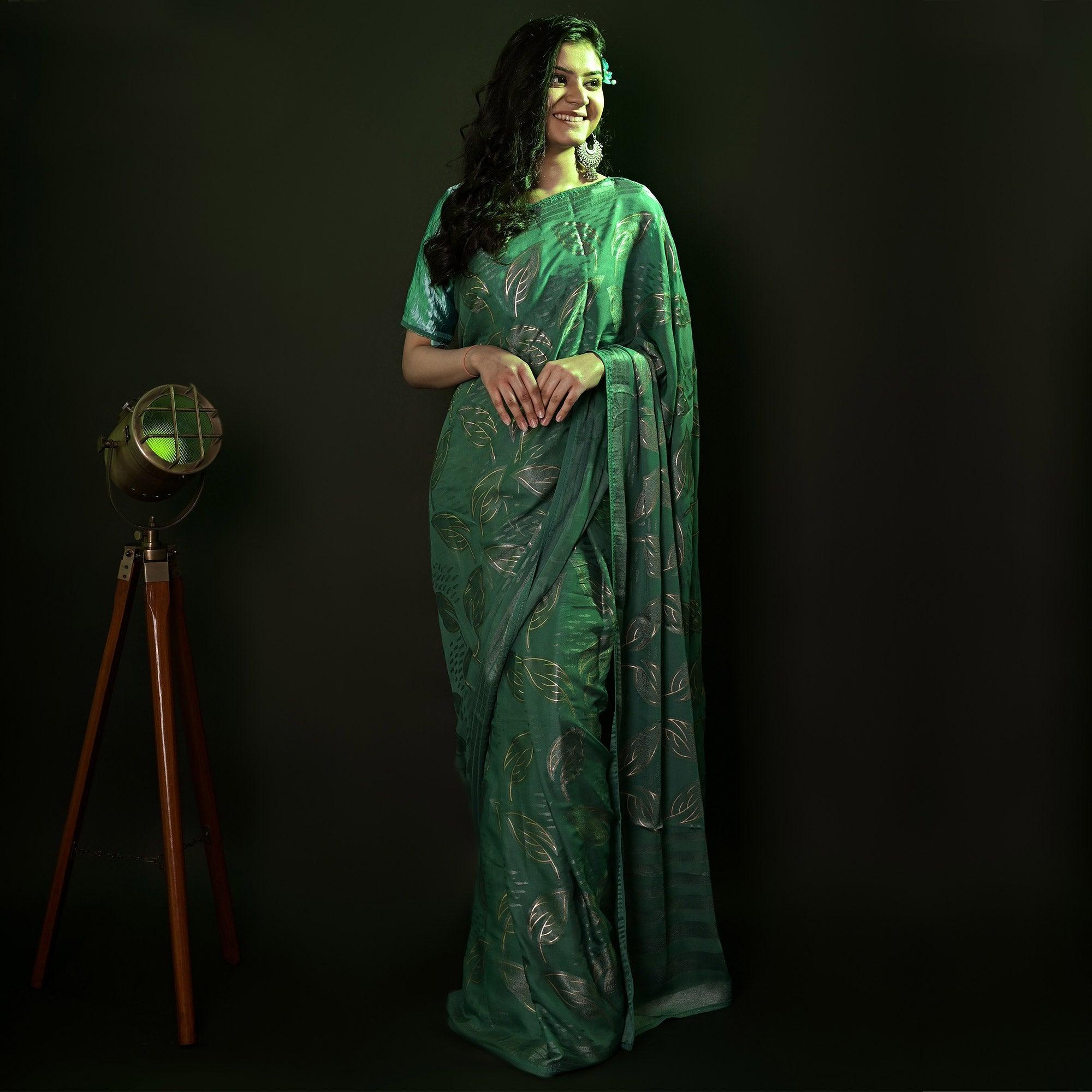 Green Partywear Foil Printed Diamond Lace Brasso Saree - Peachmode