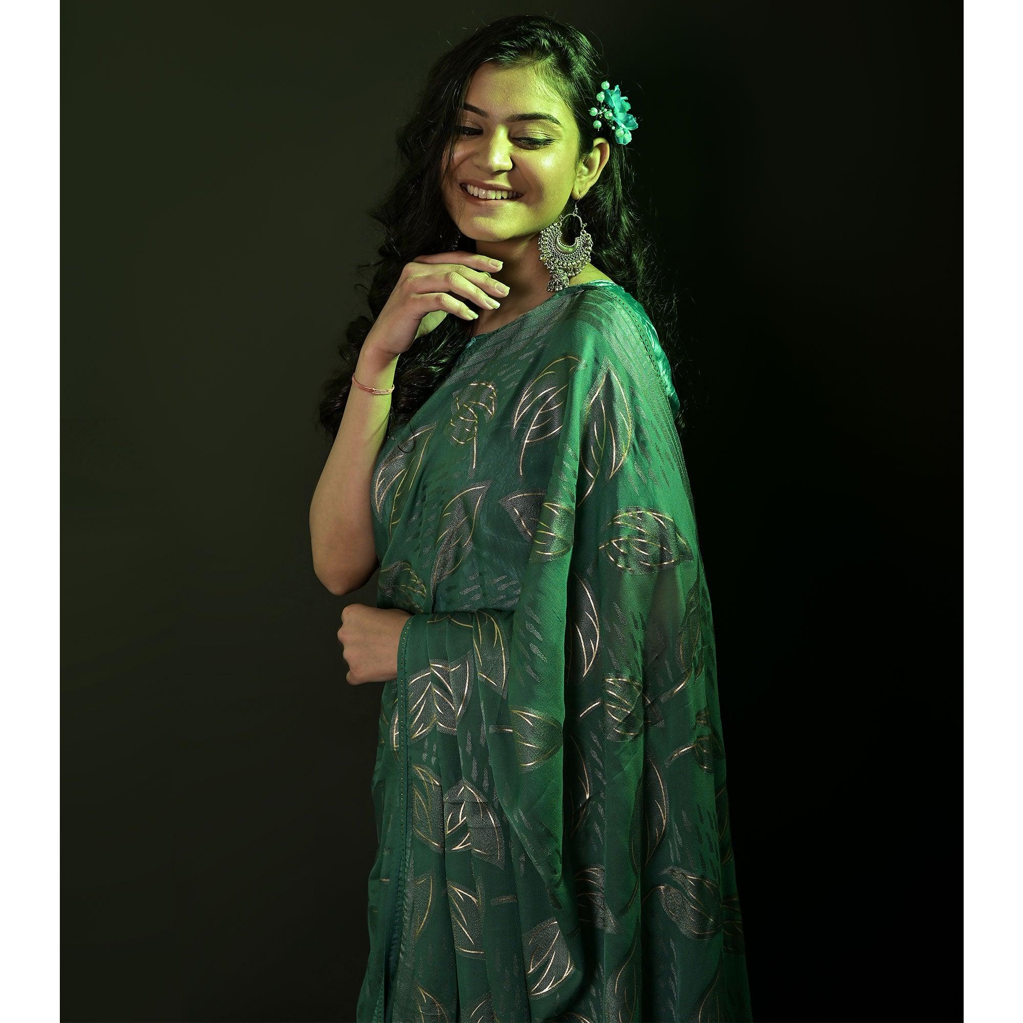 Green Partywear Foil Printed Diamond Lace Brasso Saree - Peachmode