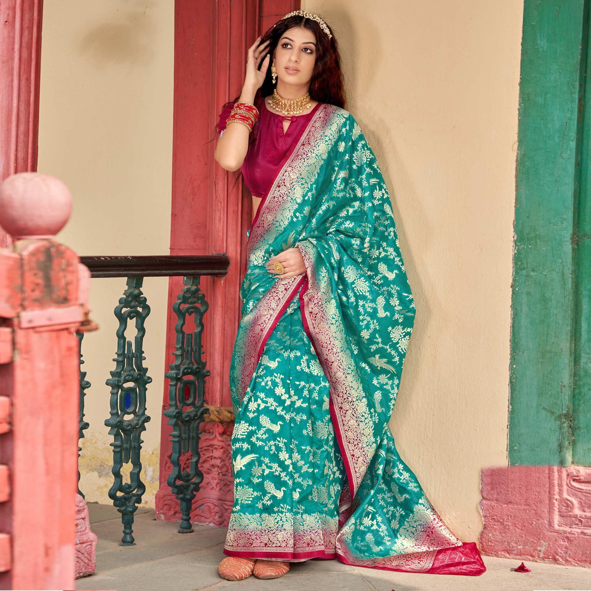Green Partywear Foil Printed Silk Organza Saree - Peachmode