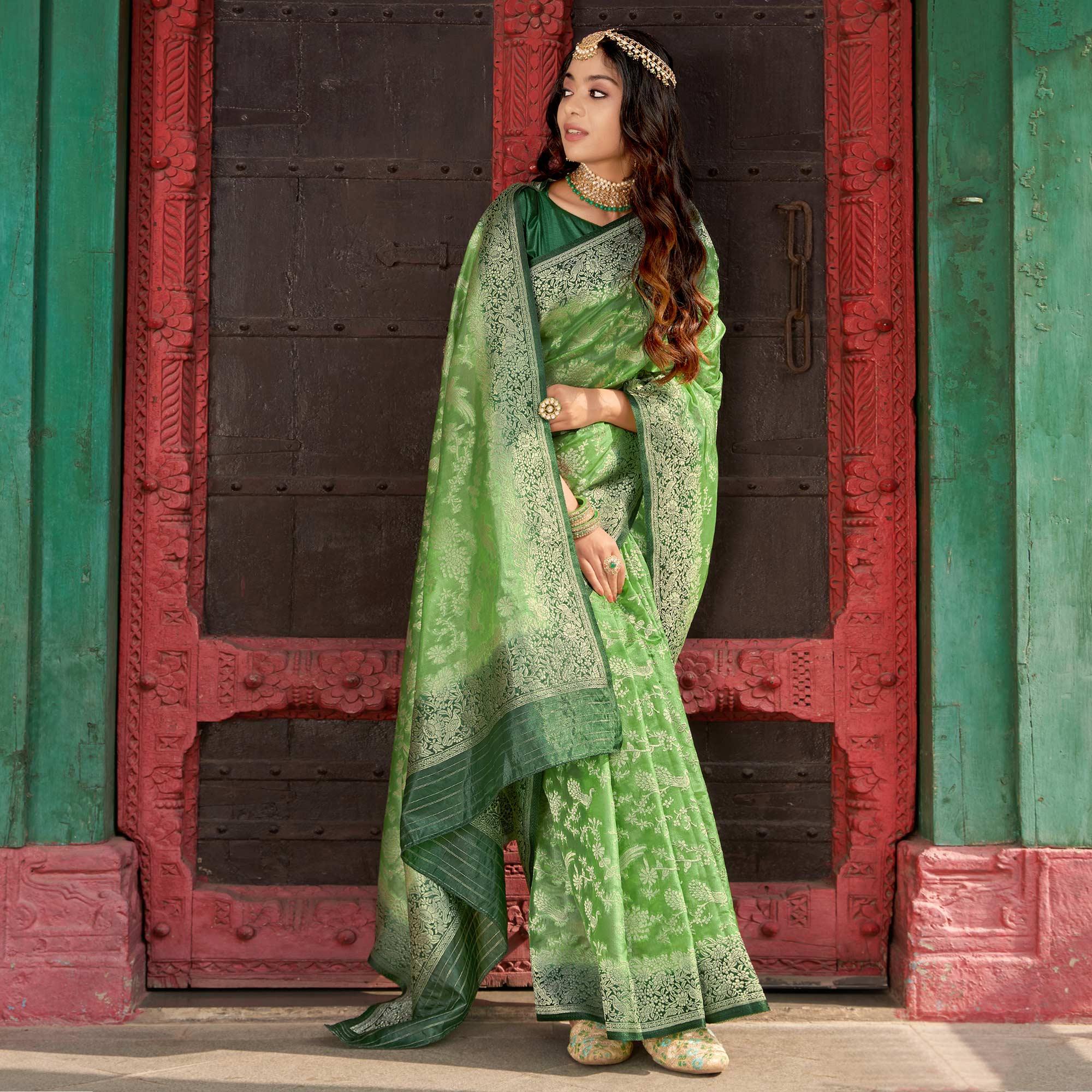 Green Partywear Foil Printed Silk Organza Saree - Peachmode