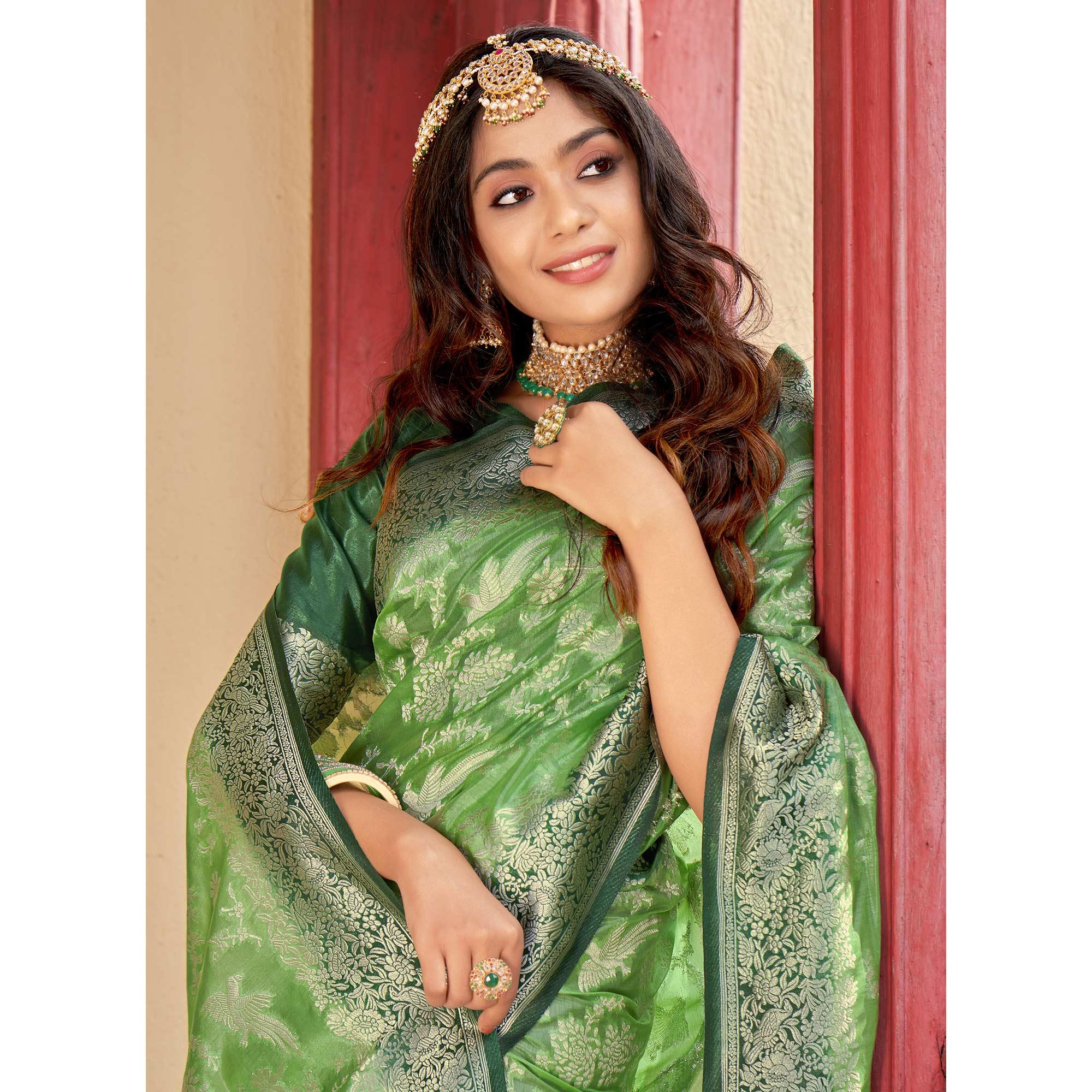 Green Partywear Foil Printed Silk Organza Saree - Peachmode