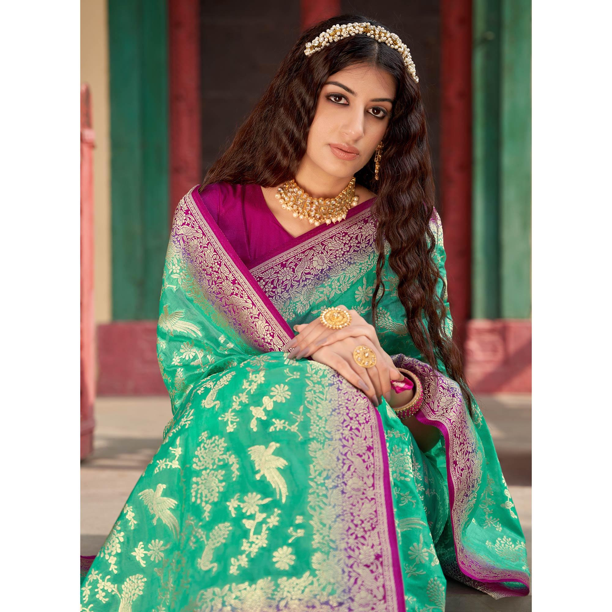 Green Partywear Foil Printed Silk Organza Saree - Peachmode