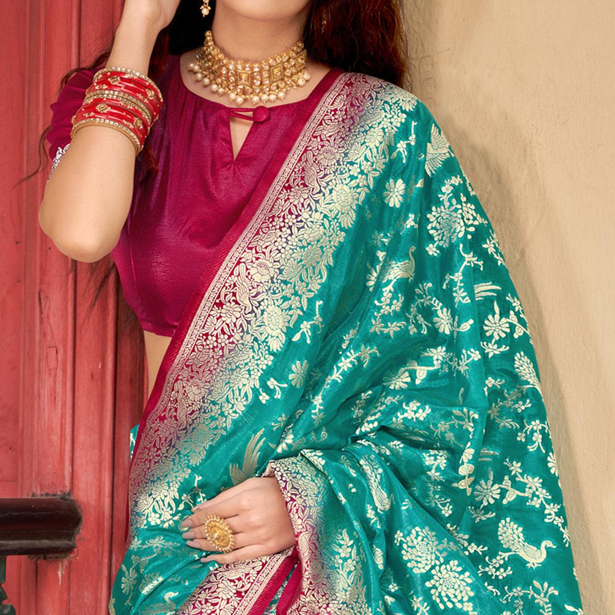 Green Partywear Foil Printed Silk Organza Saree - Peachmode