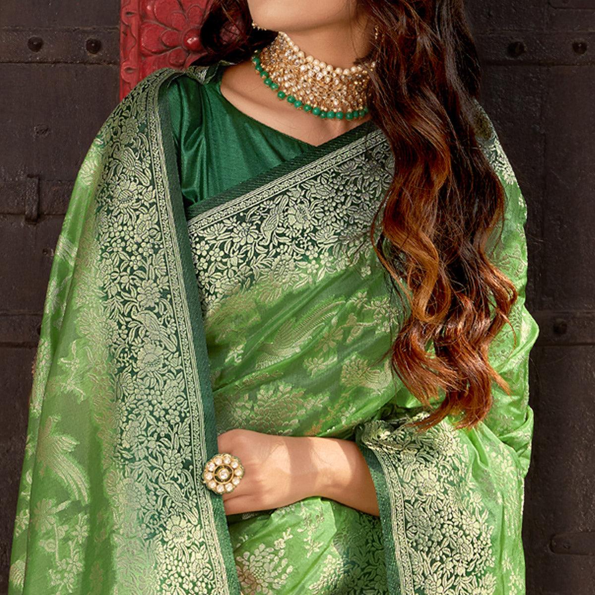 Green Partywear Foil Printed Silk Organza Saree - Peachmode