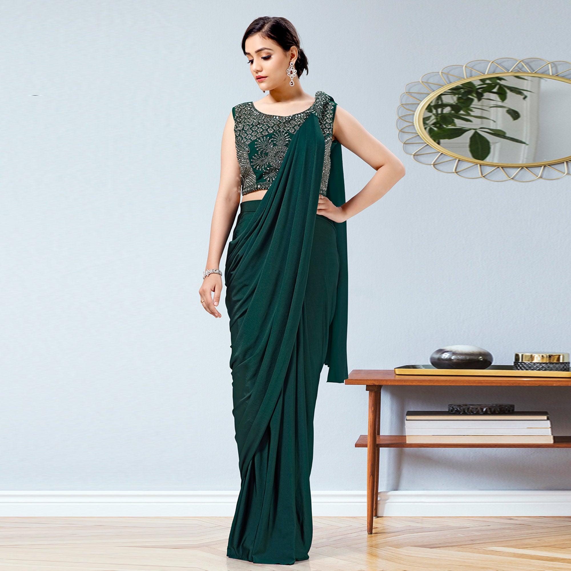 Green Partywear Frill & Sequence Art Silk Saree - Peachmode