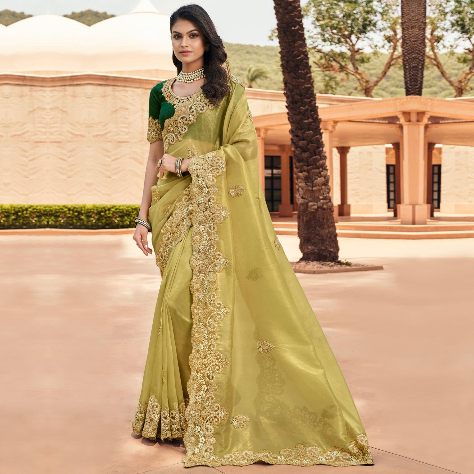 Green Partywear Gold Coating Embroidered Silk Saree - Peachmode