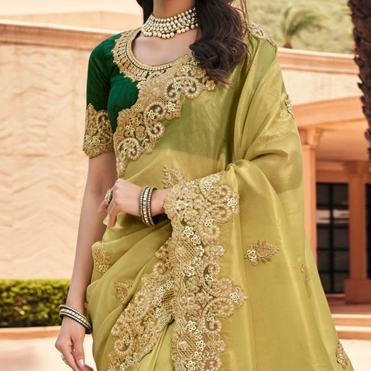 Green Partywear Gold Coating Embroidered Silk Saree - Peachmode