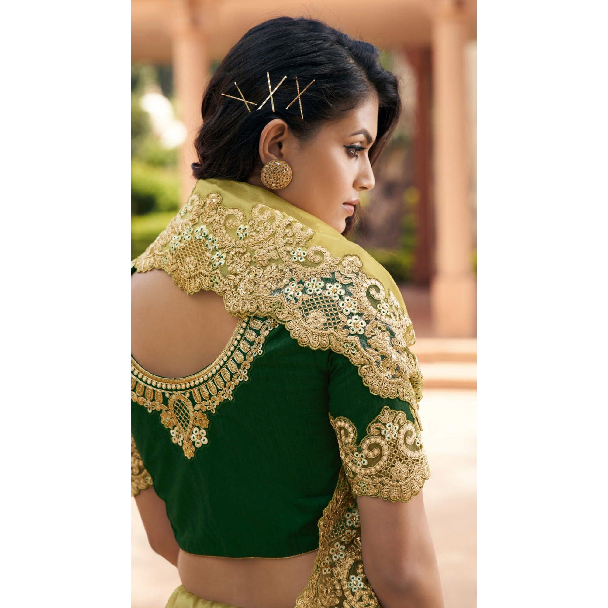 Green Partywear Gold Coating Embroidered Silk Saree - Peachmode