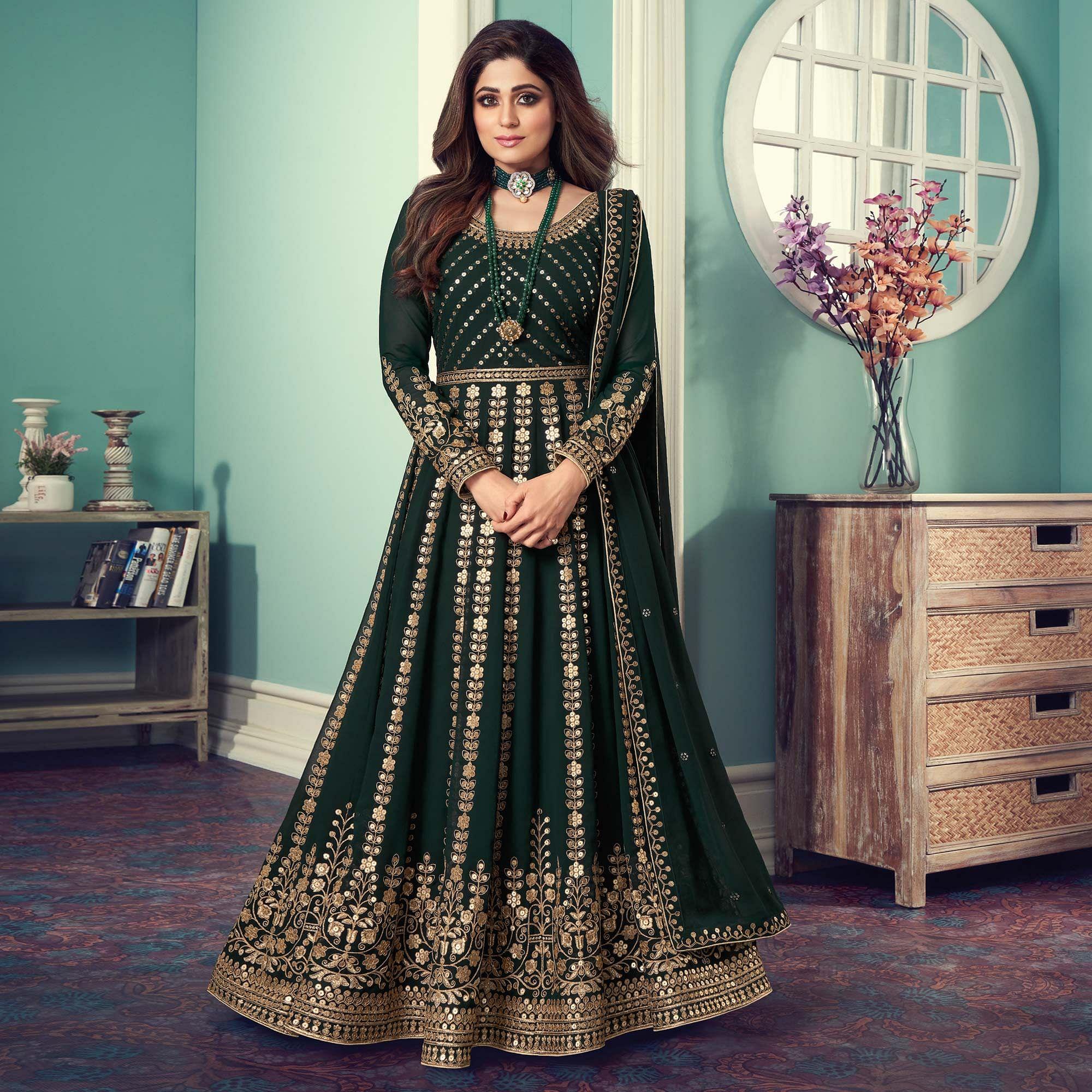 Green Partywear Heavy Embroidered Georgette Anarkali Suit - Peachmode